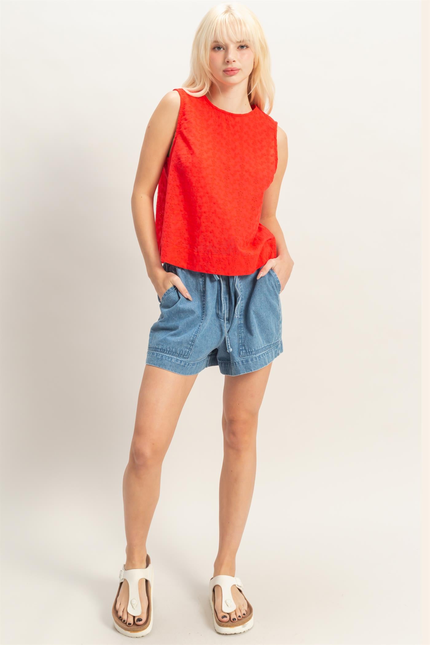 Wholesale Eyelet Sleeveless Top With Back Buttons Clothing Tops DZ26C541 RED DOUBLE ZERO