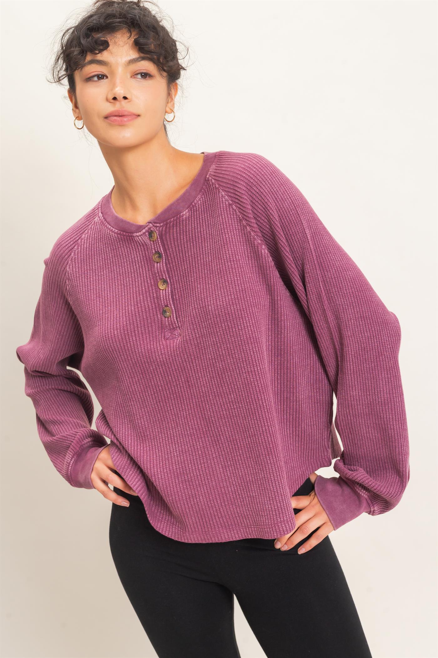 Wholesale Mineral Wash Waffle Knit Henley Top Sweatshirts DZ26E947 DARK CHERRY DOUBLE ZERO