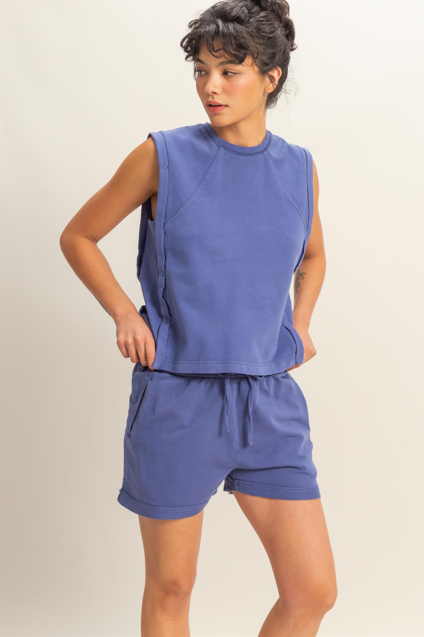 Wholesale Round Neck Sleeveless Boxy Top Clothing Tops DZ25C561 DUSTY INDIGO DOUBLE ZERO