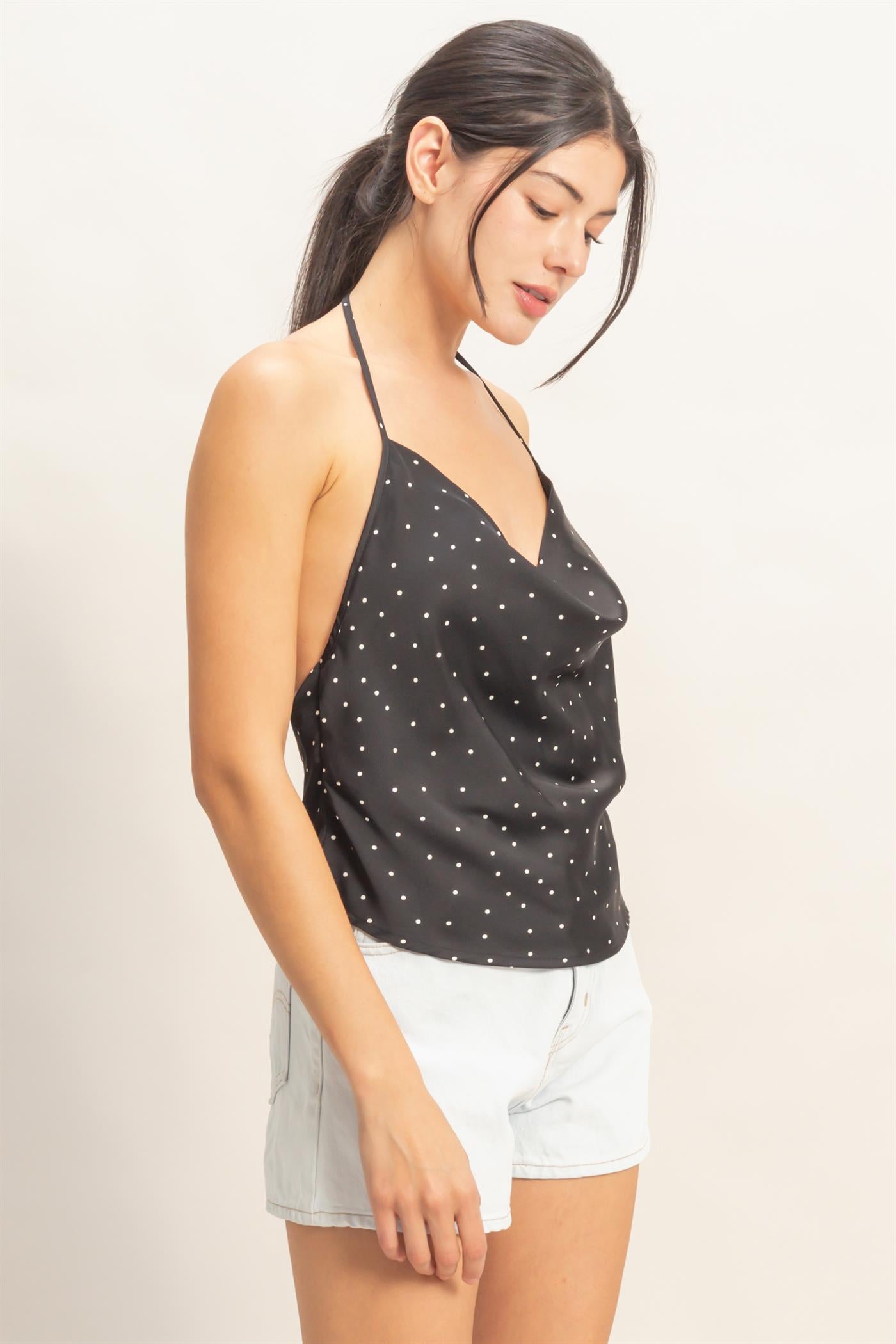 Wholesale Polka Dot Cowl Neck Halter Top Clothing Tops HF26C525 BLACK HYFVE