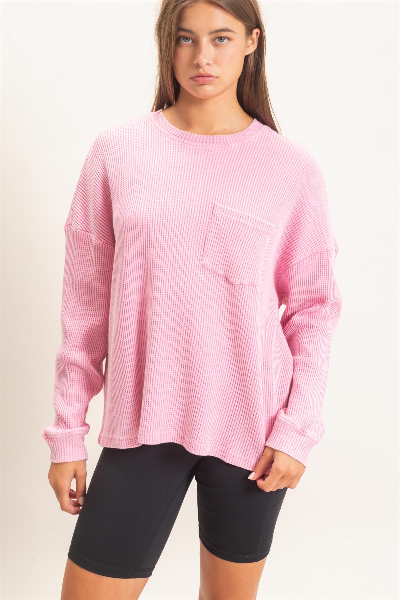 Wholesale Mineral Wash Waffle Long Sleeve Top Clothing Tops DZ26F242 PINK DOUBLE ZERO