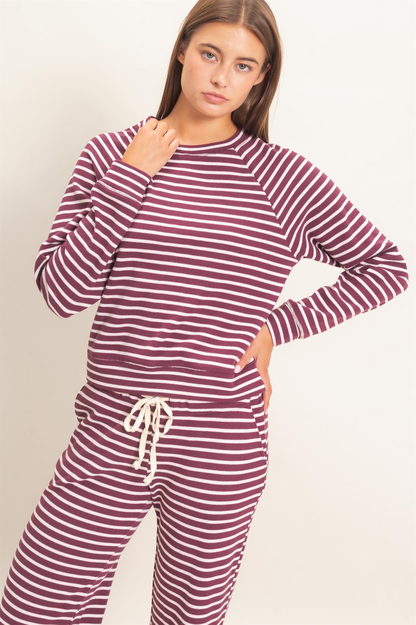 Wholesale Striped Waffle Knit Raglan Top Clothing Tops DZ26E450 DARK CHERRY DOUBLE ZERO