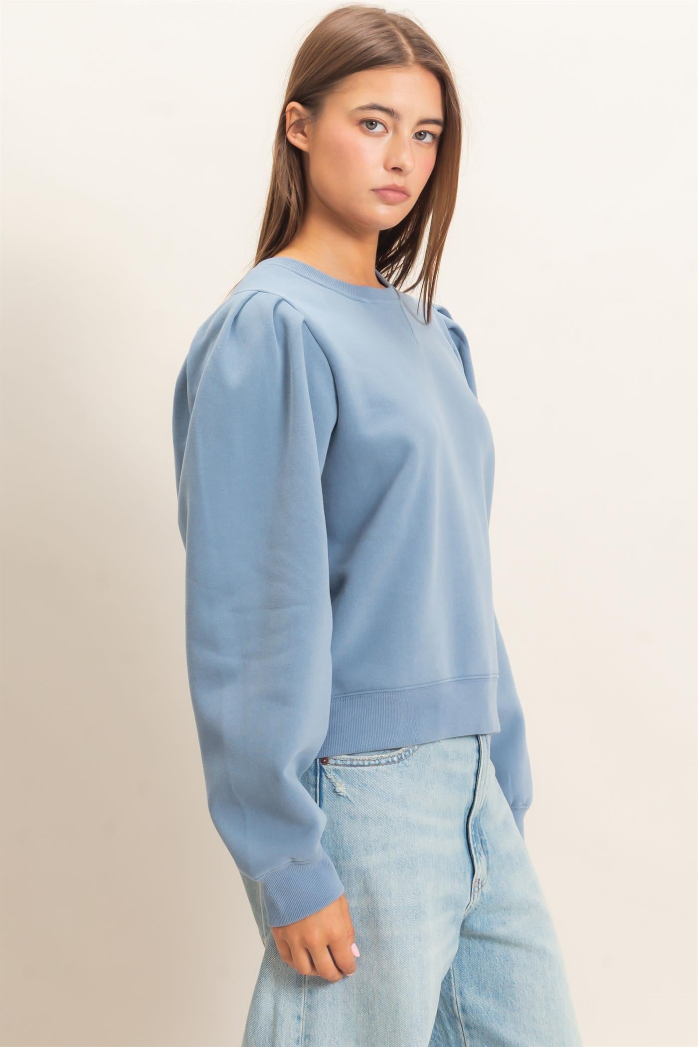 Wholesale Puff Sleeve Crew Neck Sweatshirt Sweatshirts DZ26E110 DUSTY BLUE DOUBLE ZERO