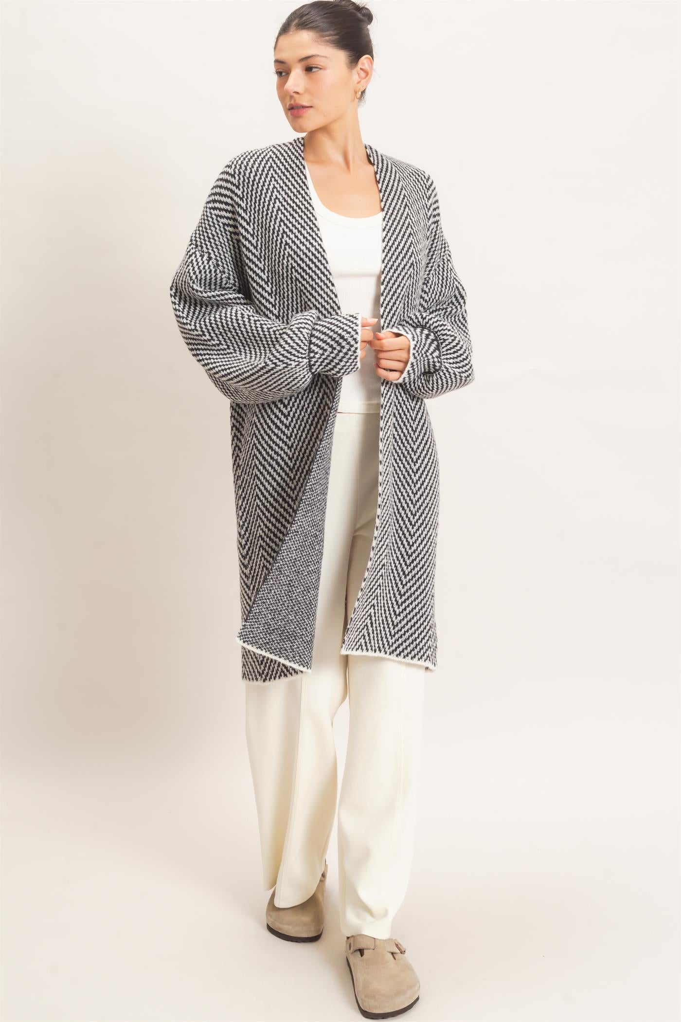 Wholesale Herringbone Pattern Open-Front Cardigan Cardigans HF26F171 BLACK HYFVE