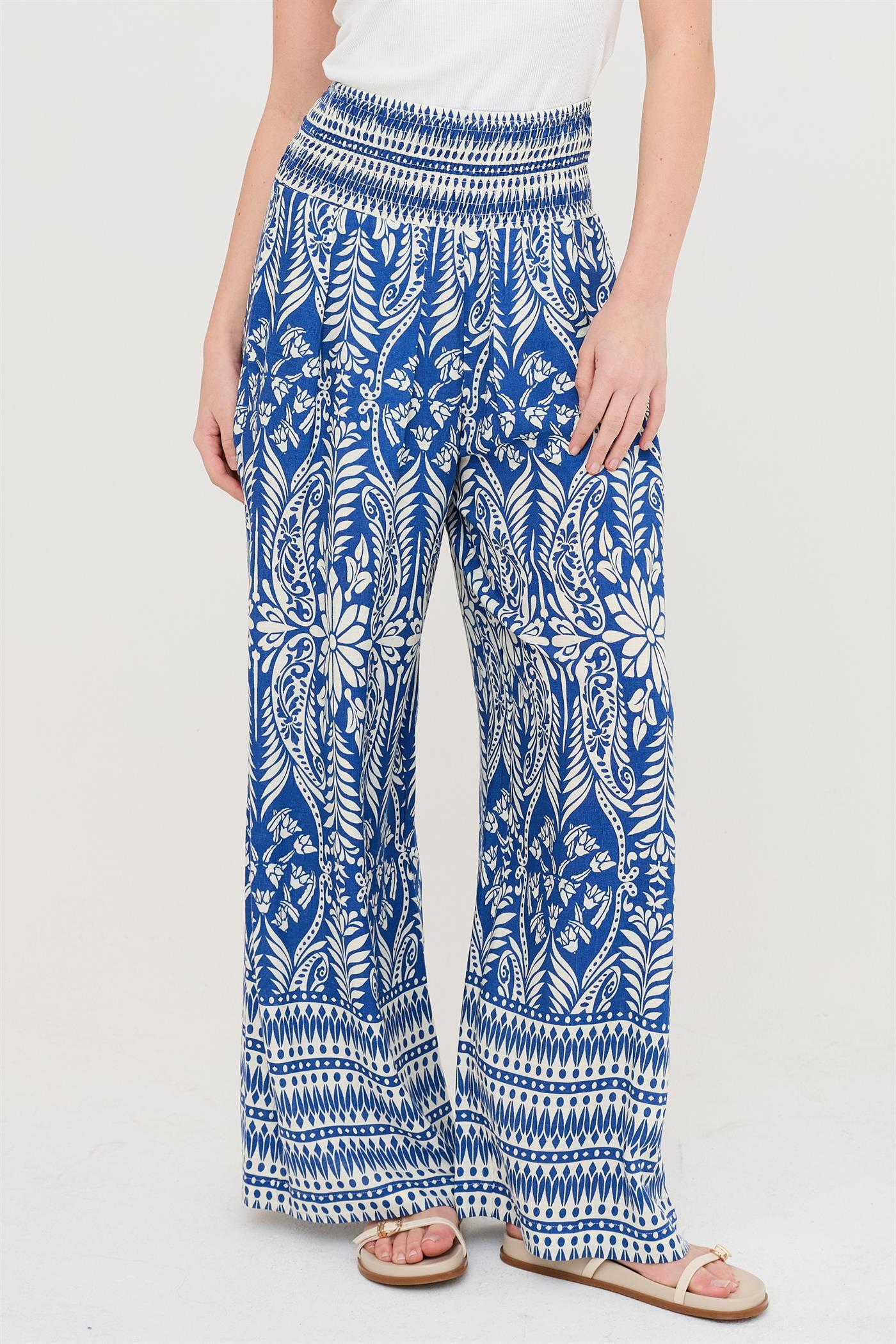 Wholesale Smocked Waist Floral Pants Pants HF26C161-D BLUE HYFVE