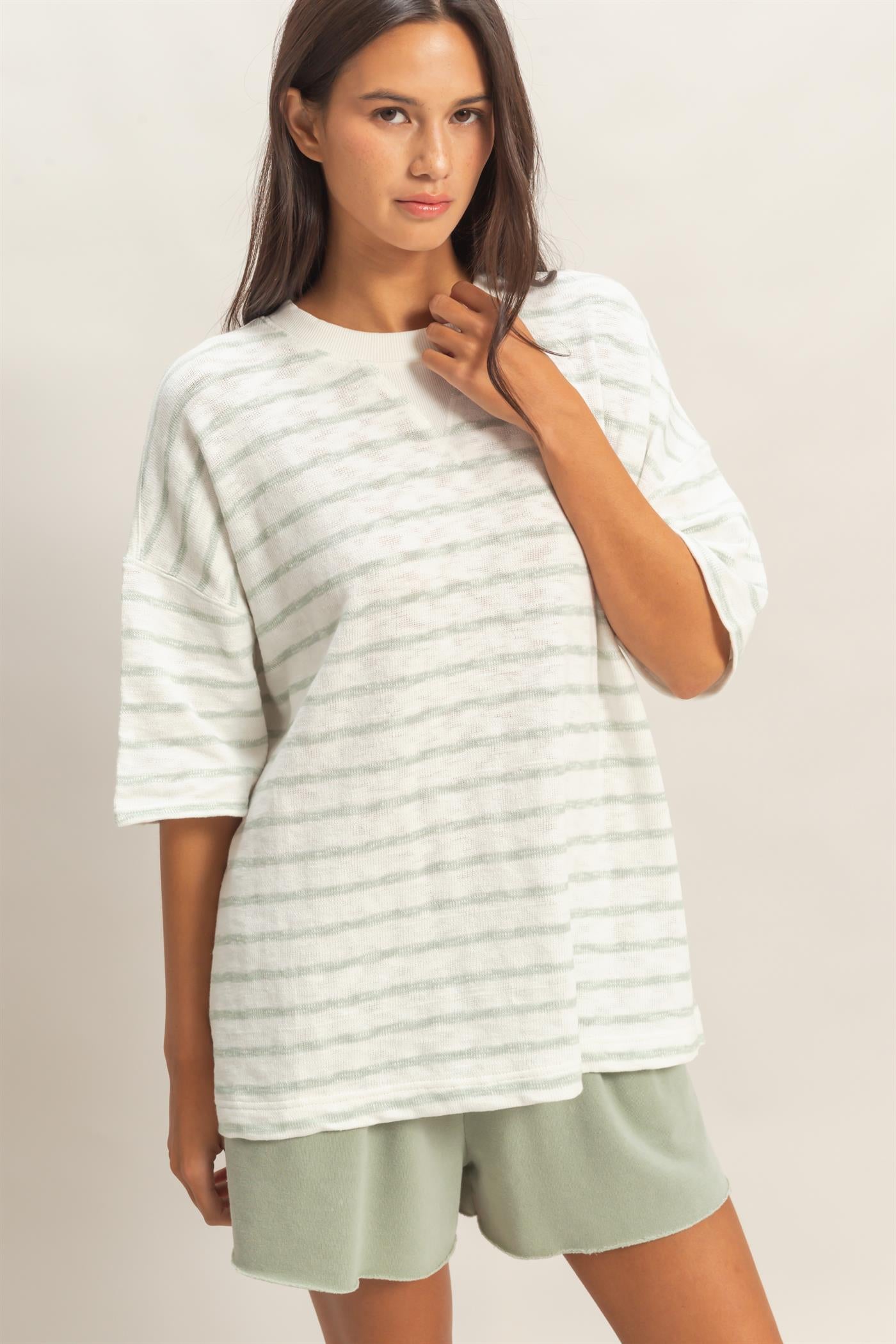 Wholesale Oversized Striped V-Stitch Short Sleeve Top Clothing Tops DZ26A455 SAGE GREEN DOUBLE ZERO