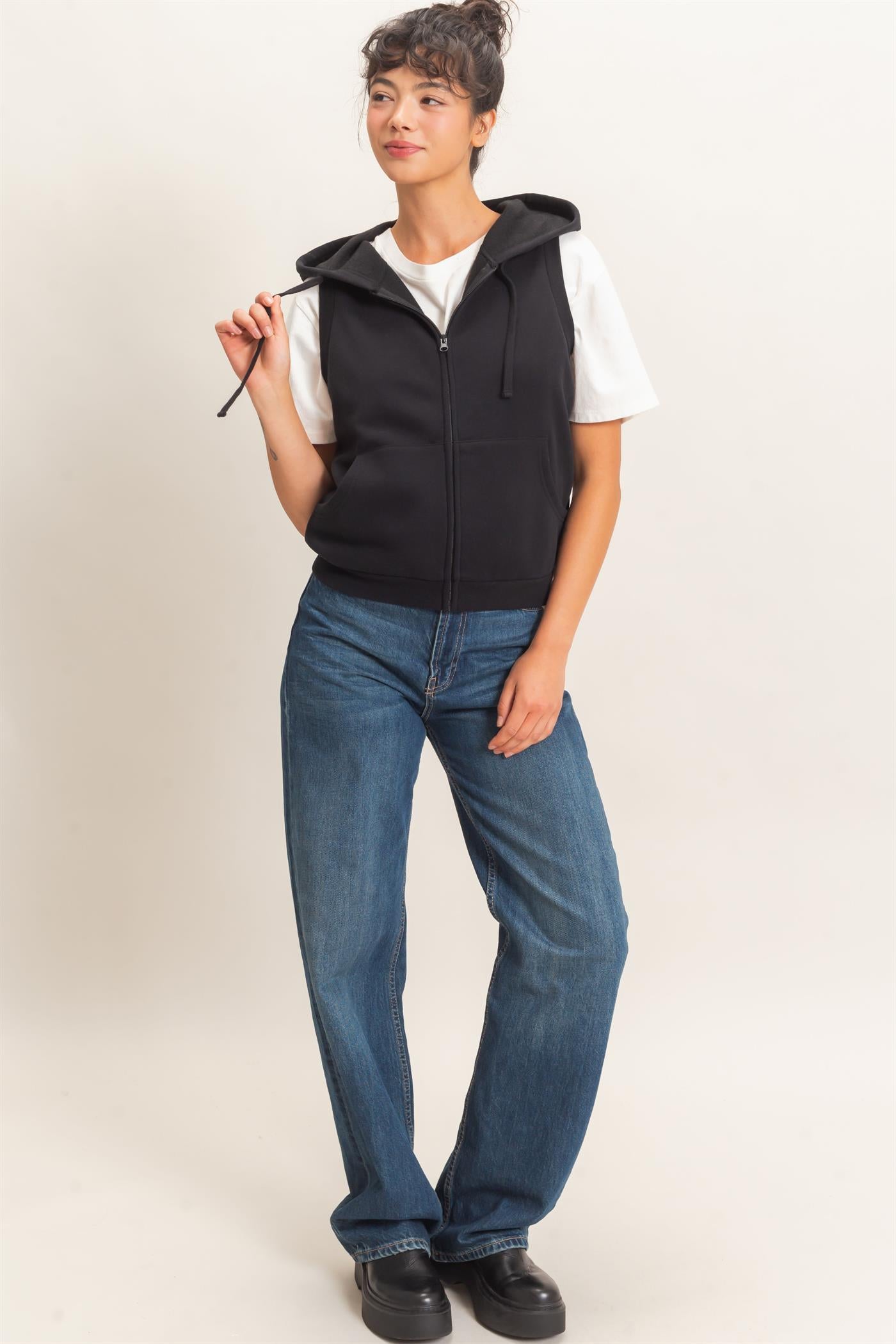 Wholesale Sleeveless Zip Up Hoodie Hoodies DZ26E330 BLACK DOUBLE ZERO