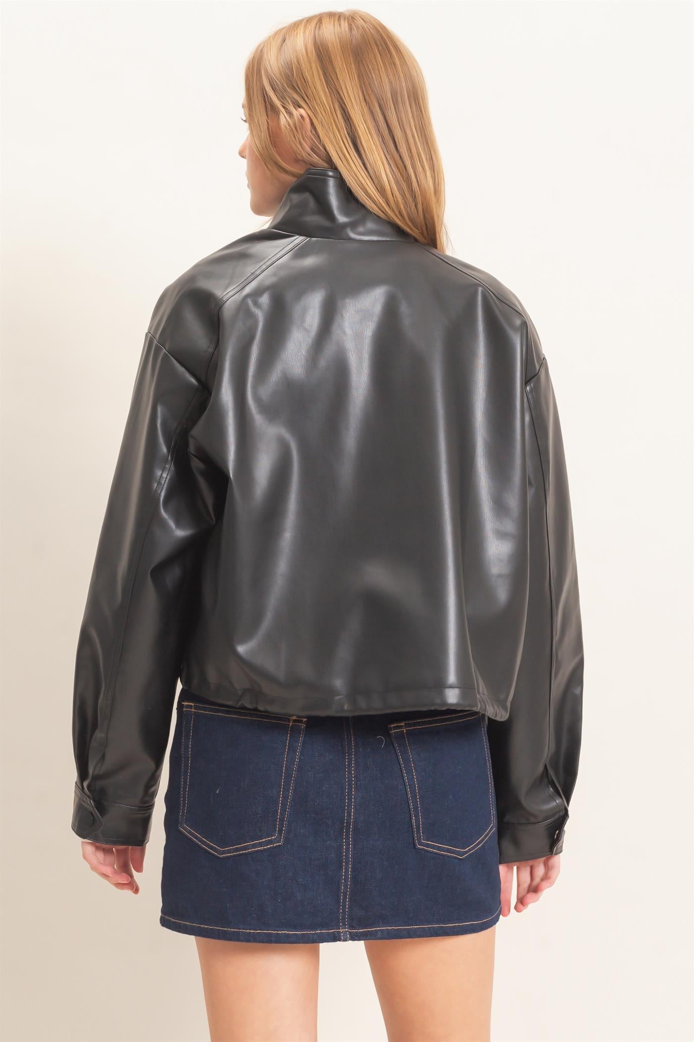 Wholesale Faux Leather Jacket With Stand Collar Bomber Jackets HF25F452 BLACK HYFVE