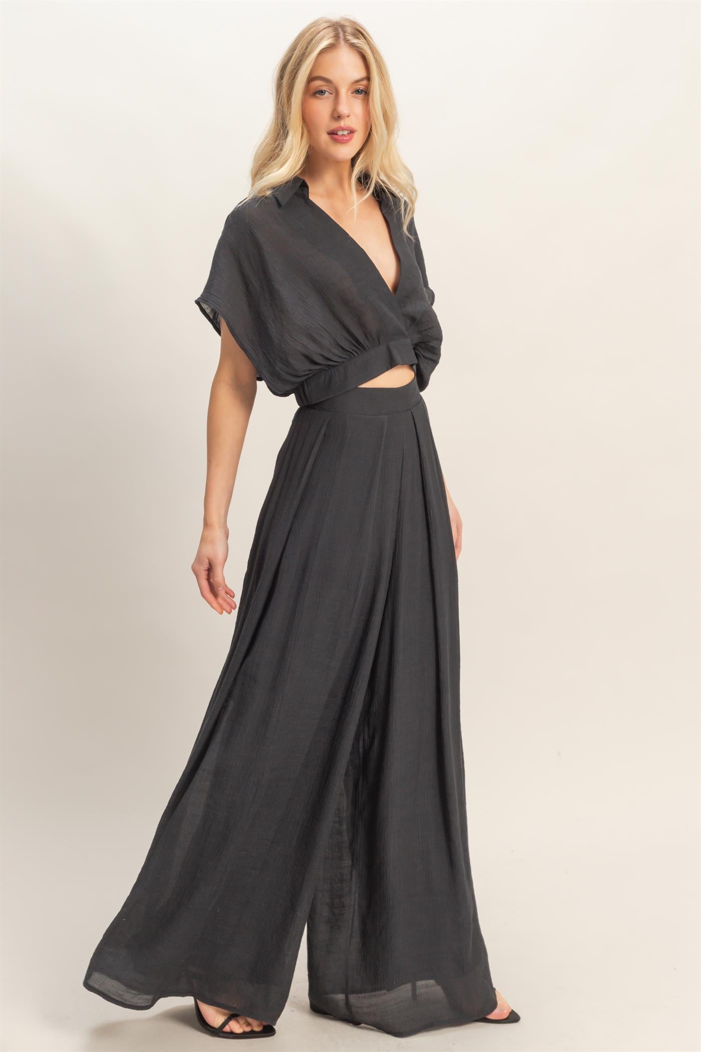 Wholesale Collared Wrap Top & Wide-Leg Pants Set Clothing HF26C286-SET-D BLACK HYFVE