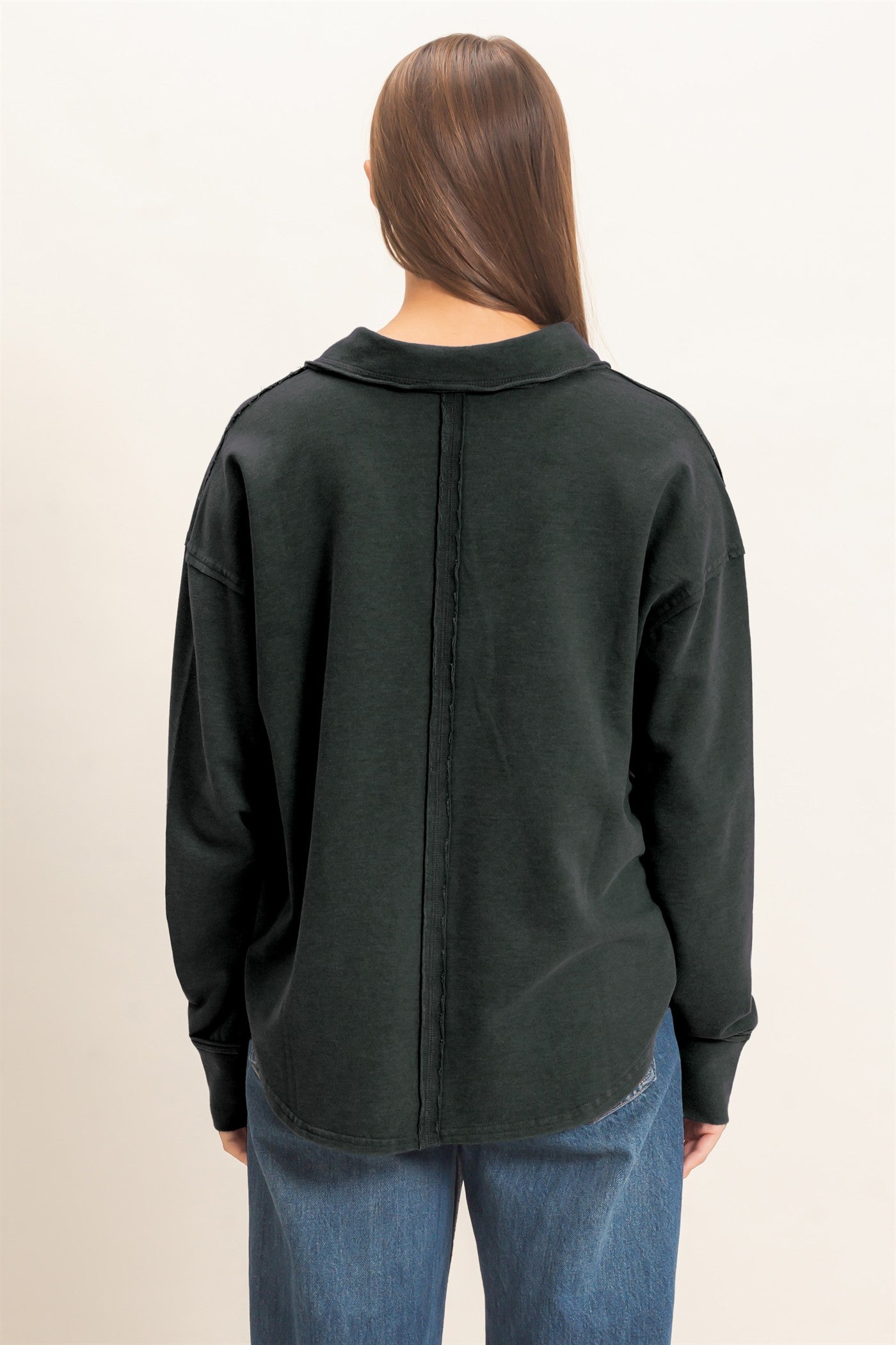 Wholesale Mineral Washed Polo Collar Long Sleeve Top Polos DZ26E887 BLACK DOUBLE ZERO
