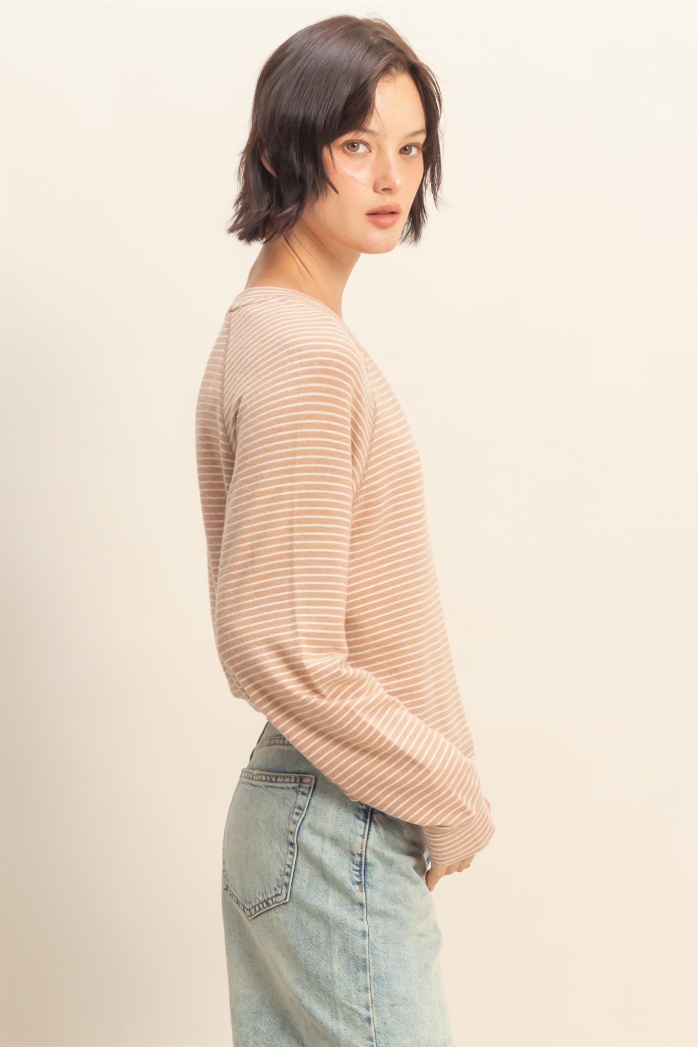 Wholesale Striped Raglan Long Sleeve Top Clothing Tops DZ25E600 DARK TAUPE/CREAM DOUBLE ZERO