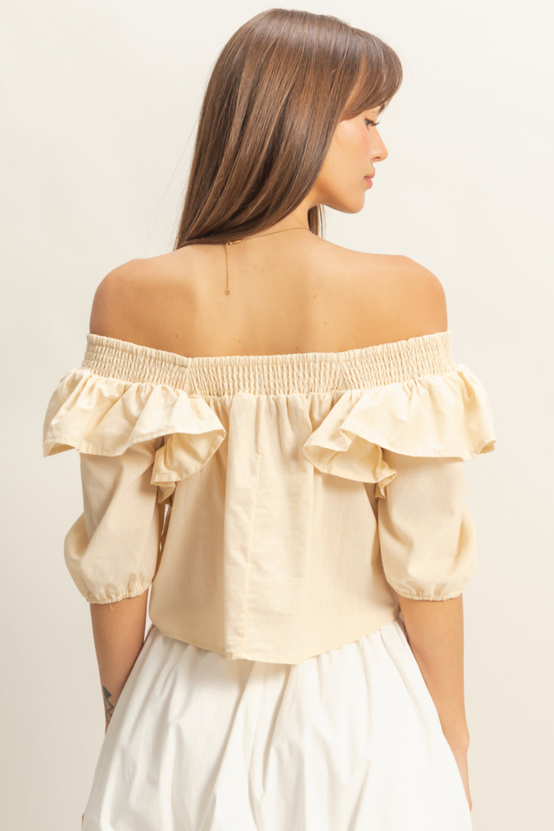 Wholesale Ruffled Short Sleeve Top Clothing Tops HF22C757 SAND HYFVE