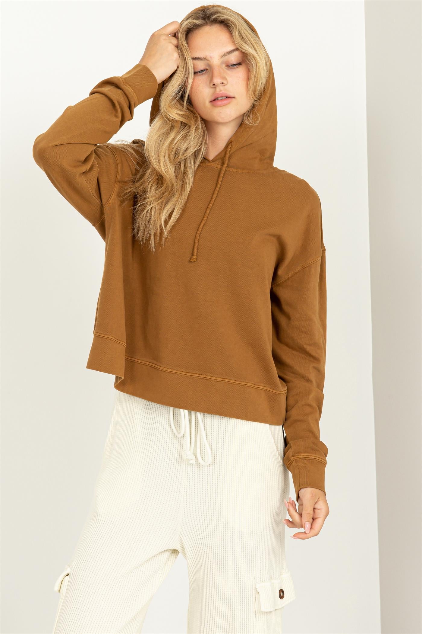 Wholesale Long Sleeve Drawstring Hoodie Clothing Tops DZ23E999 PALE BROWN DOUBLE ZERO