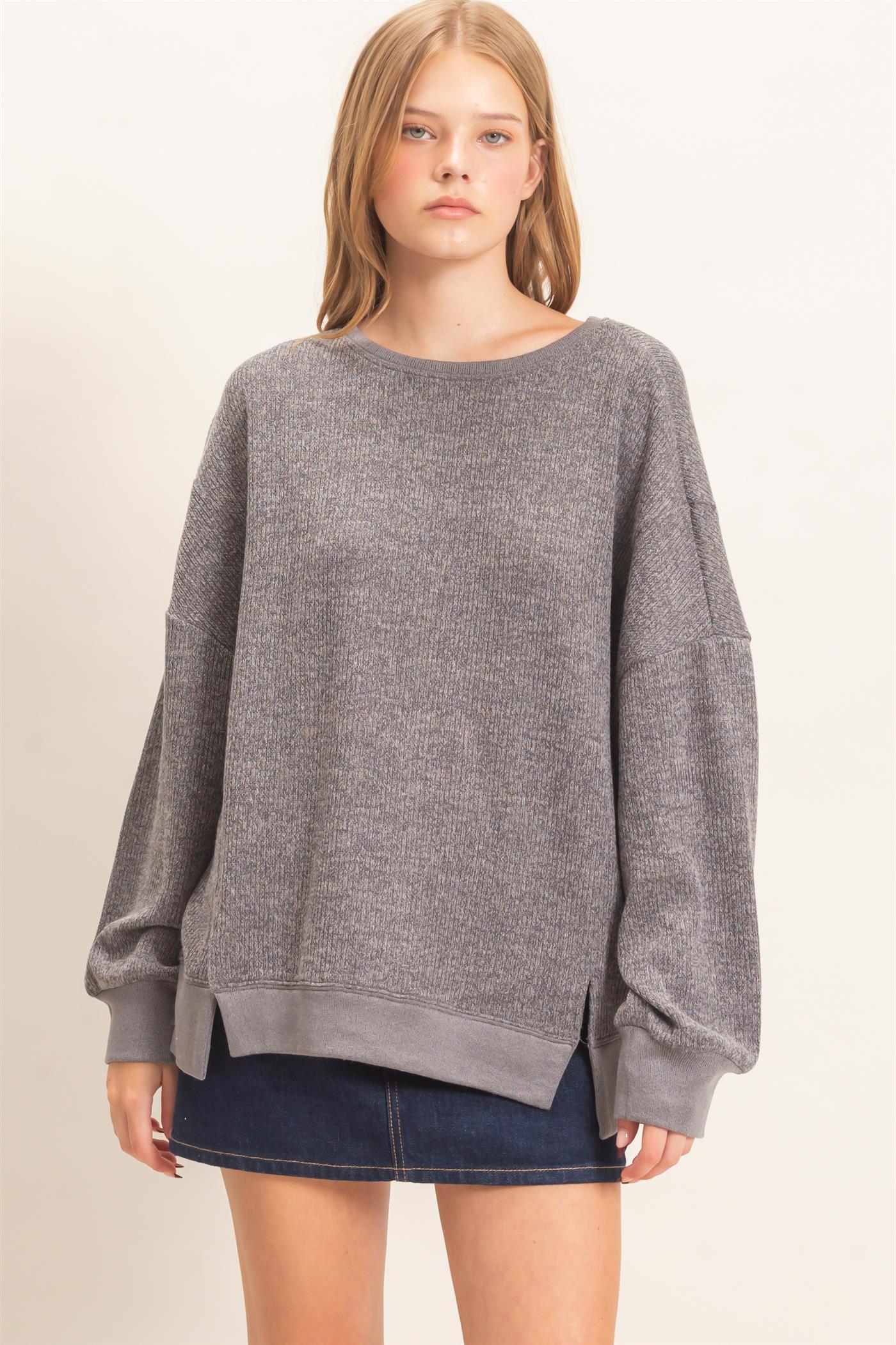 Wholesale Ribbed Boat Neck Knit Top Clothing Tops HF26E852 GRAY HYFVE