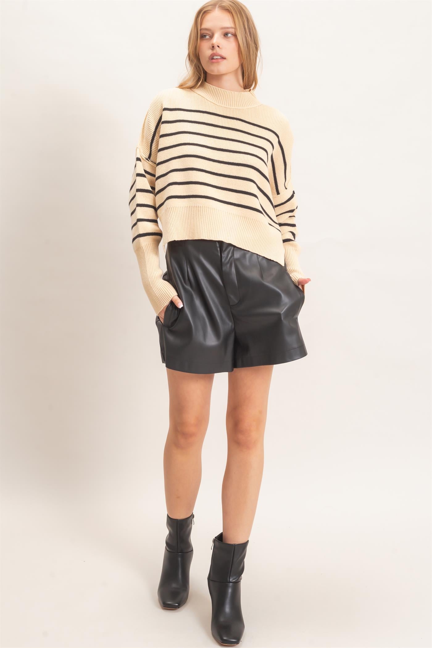 Wholesale Striped Mock Neck Cropped Sweater Sweaters HF26F192 BLACK HYFVE