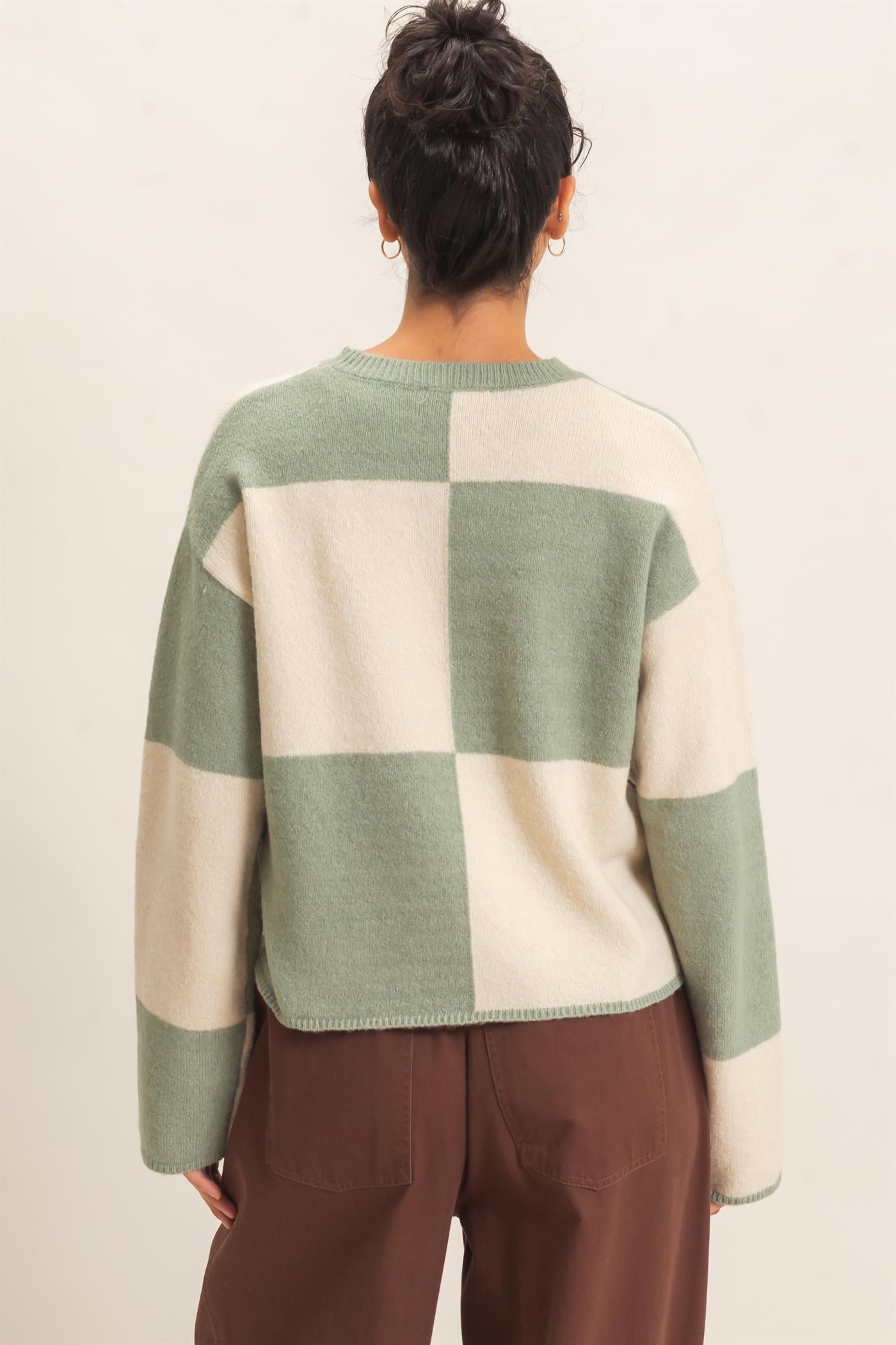 Wholesale Crew Neck Checkered Sweater Sweaters DZ26C980 SAGE GREEN DOUBLE ZERO