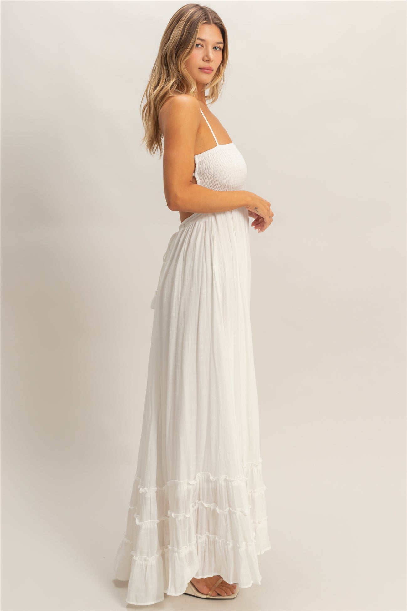 Wholesale Smocked Halter Maxi Dress Dresses HF26C290-D WHITE HYFVE