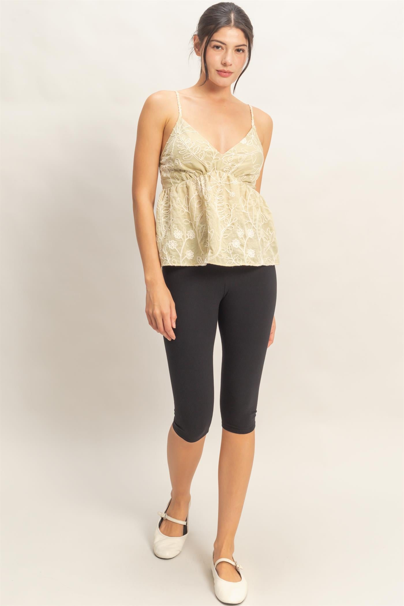 Wholesale Embroidered V-Neck Smocked Top Clothing Tops HF26E390-D LIGHT SAGE HYFVE