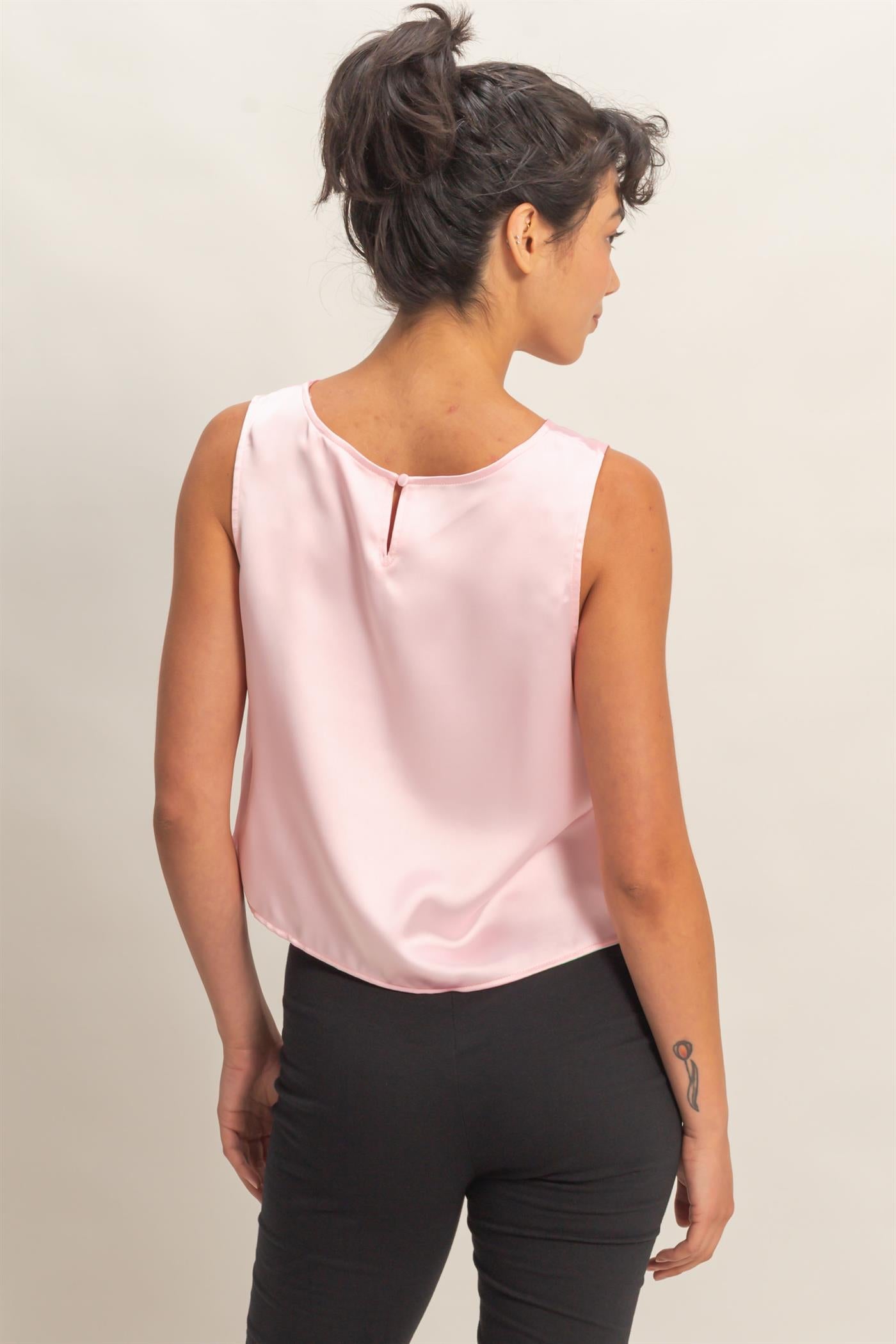 Wholesale Satin Sleeveless Round Neck Top With Back Keyhole Clothing Tops DZ26C084 SOFT PINK DOUBLE ZERO