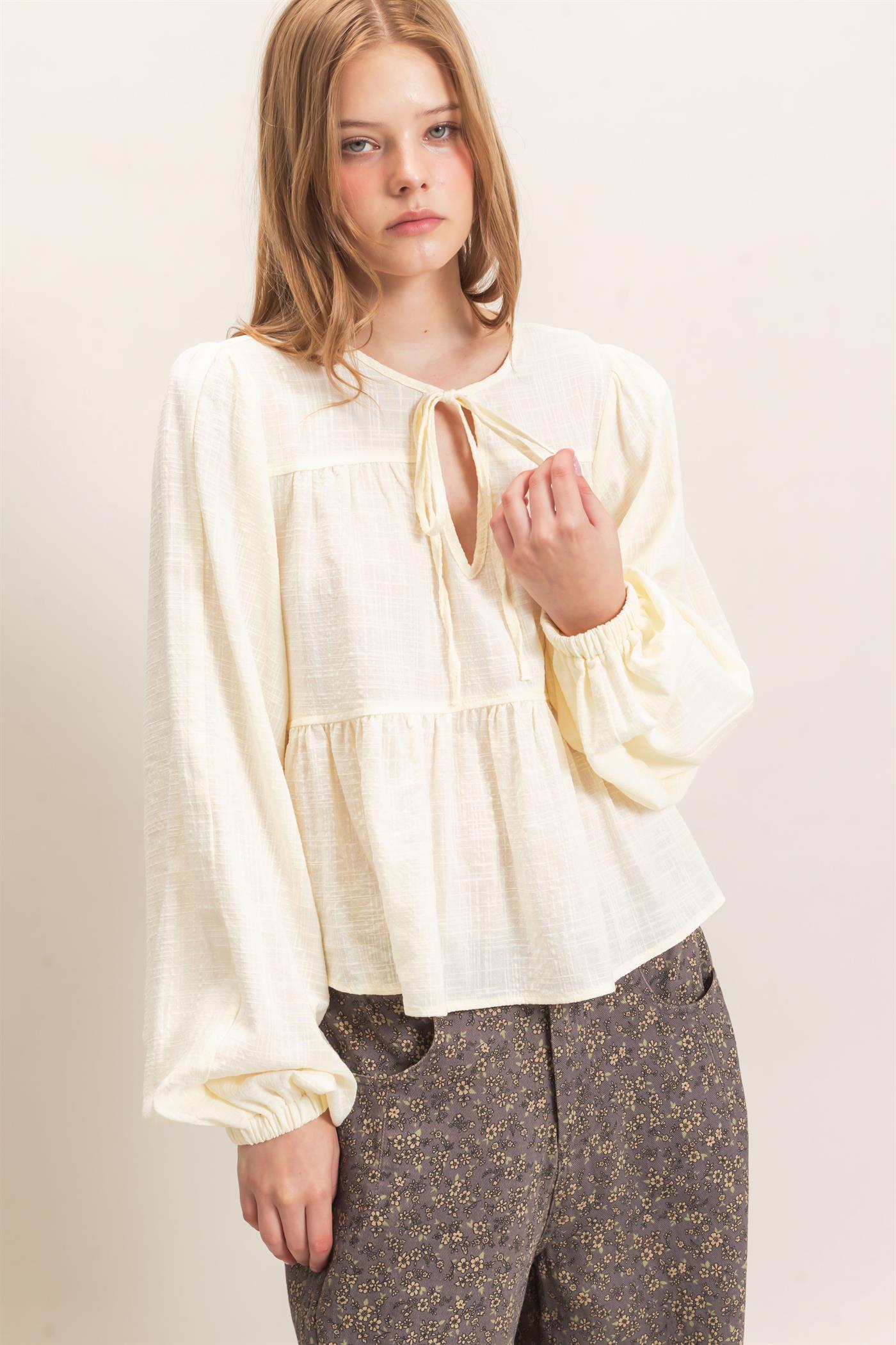 Wholesale Tie Front Peplum Blouse Blouses HF26F065 CREAM HYFVE