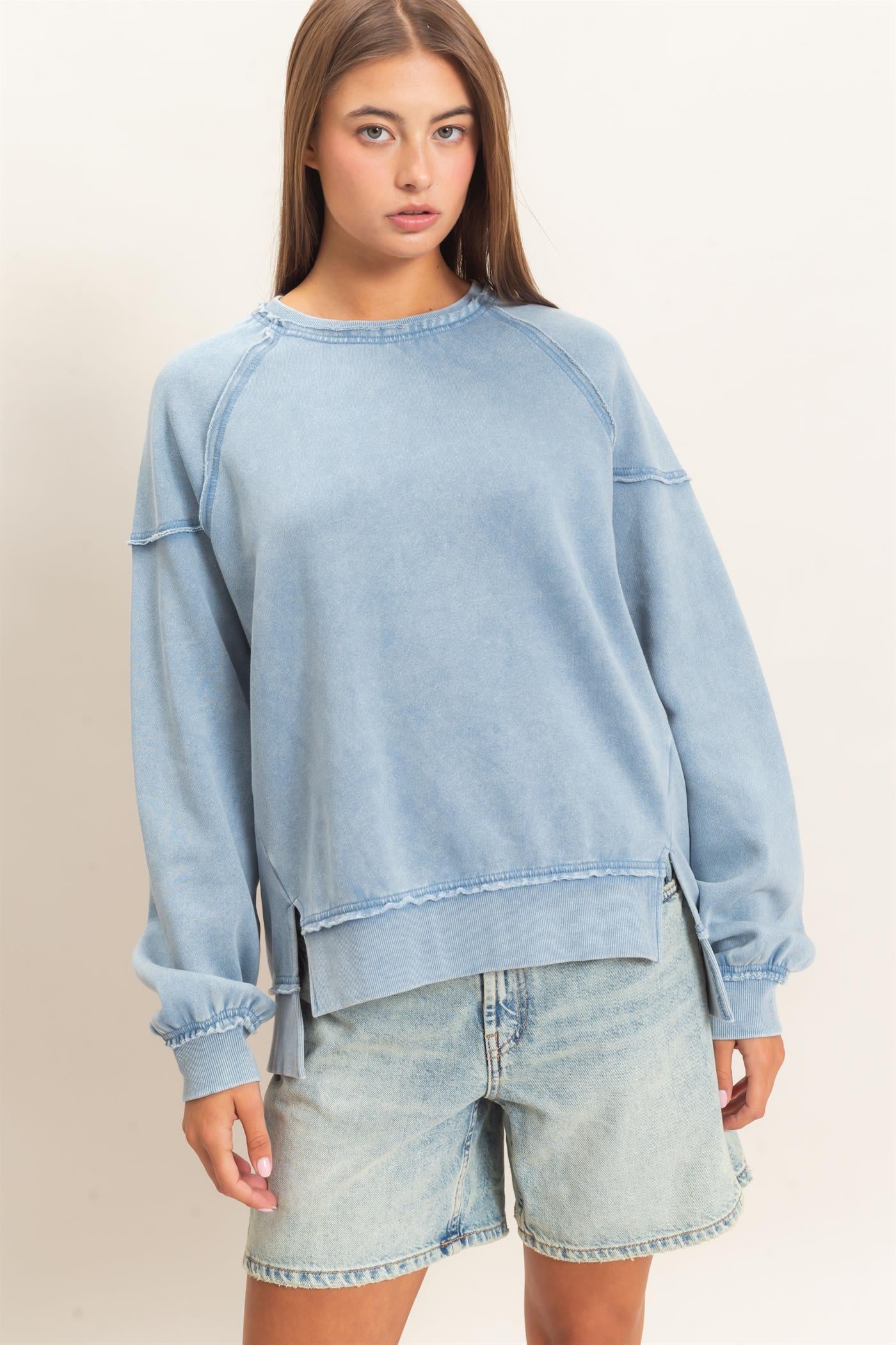Wholesale Acid Wash Raw Edge Sweatshirt Sweatshirts DZ26C910 DUSTY BLUE DOUBLE ZERO