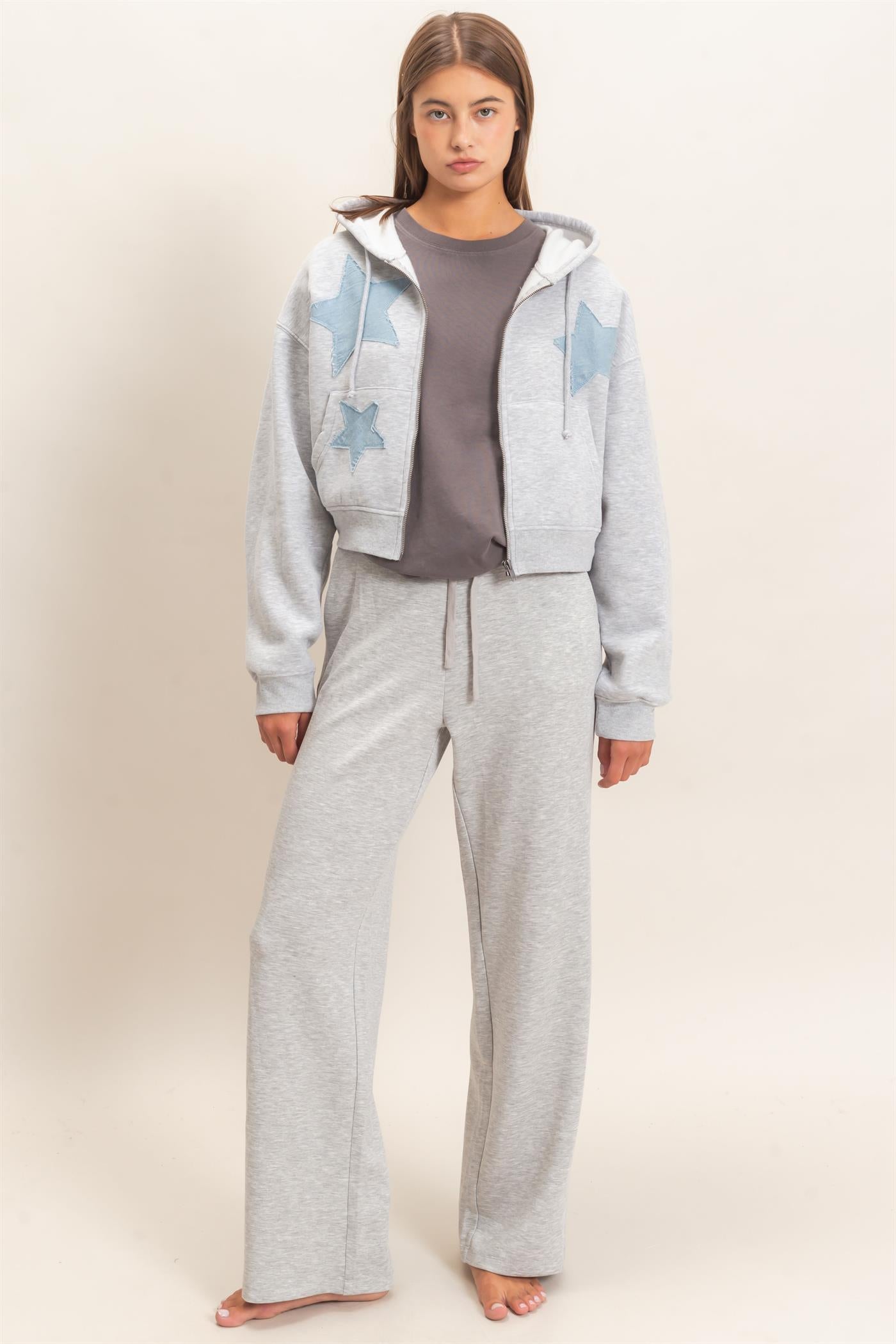 Wholesale Star Patch Zip-Up Hoodie Hoodies DZ26E828 HEATHER GRAY DOUBLE ZERO