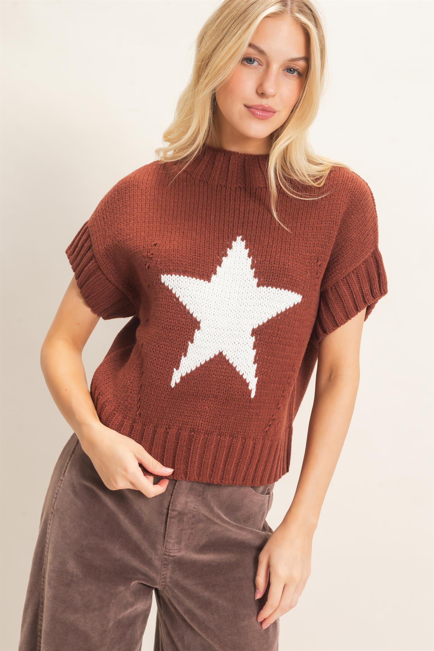 Wholesale Star Pattern Ribbed Sweater Sweaters HF26E051 CHOCOLATE HYFVE