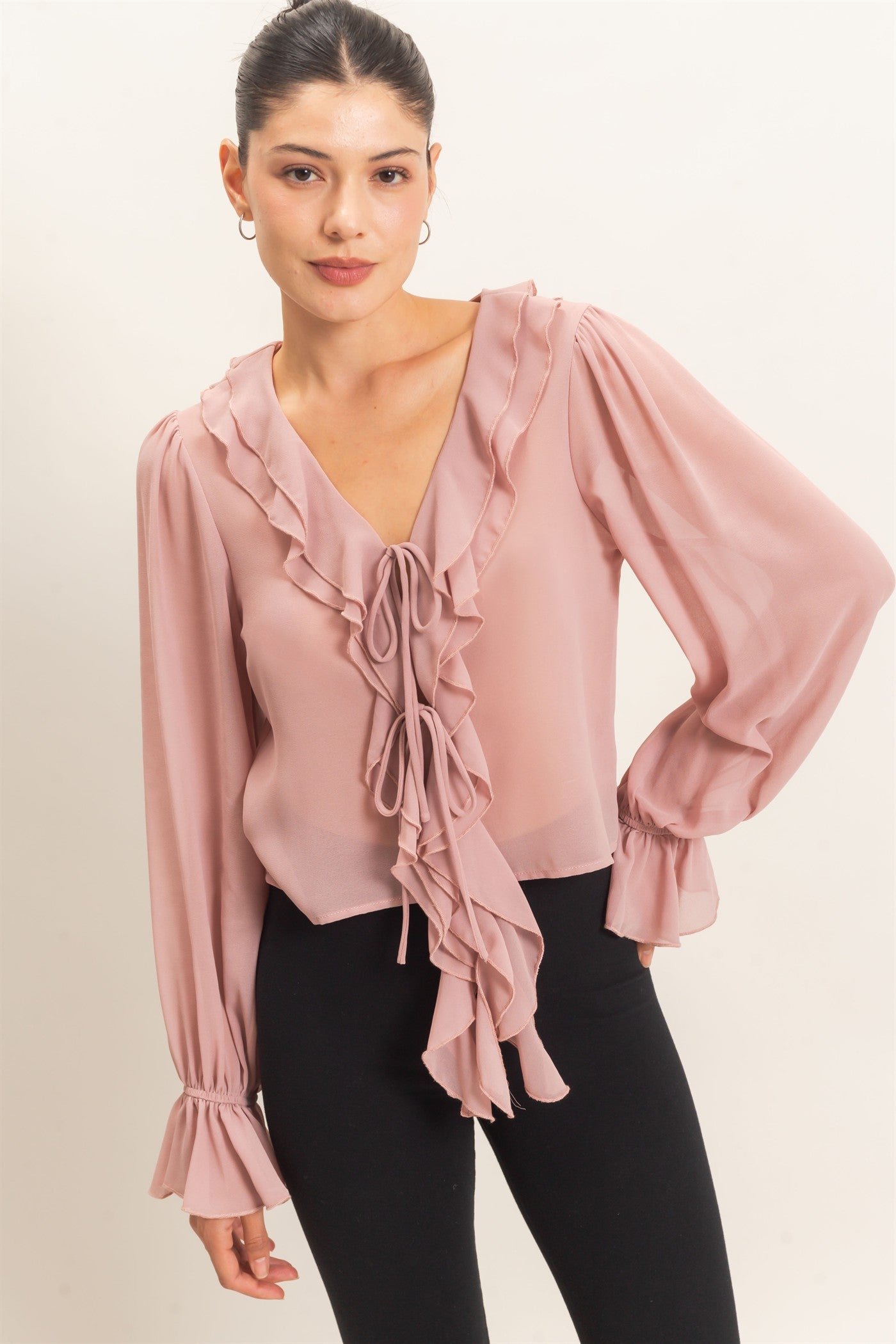 Wholesale Ruffled V-Neck Blouse Blouses HF26F066 MAUVE HYFVE