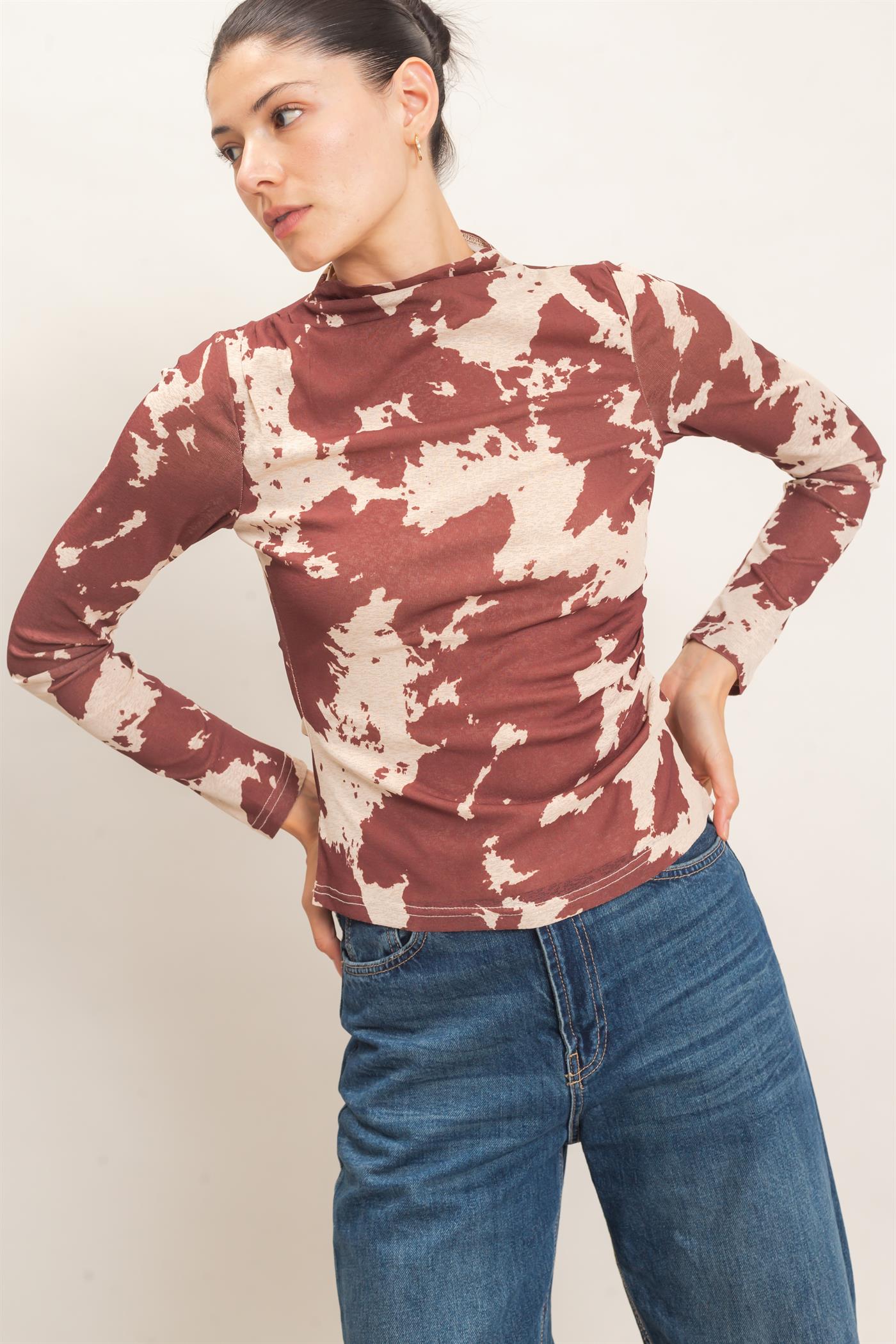 Wholesale Asymmetrical Cow Print Top Clothing Tops HF26E799 BROWN HYFVE
