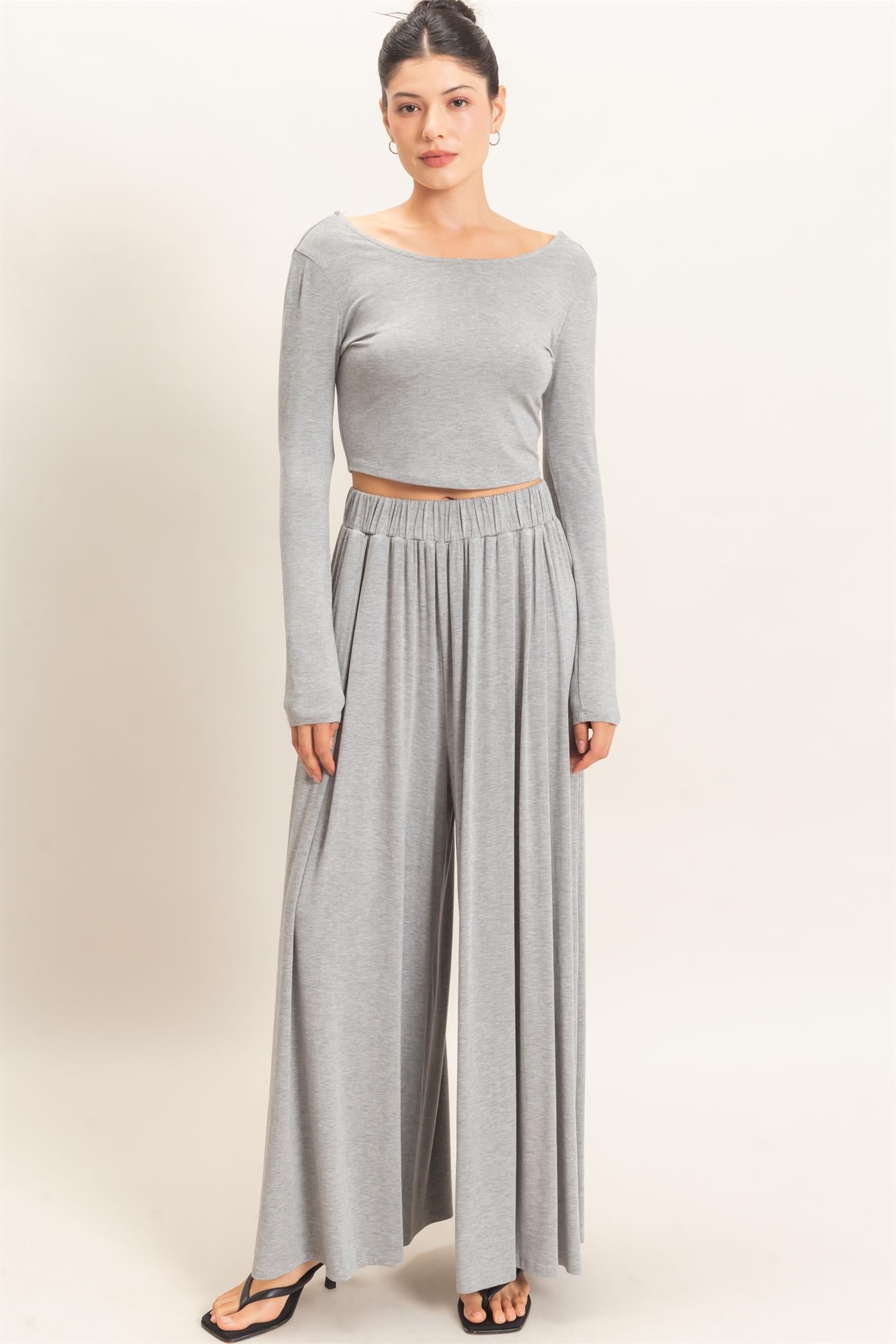 Wholesale Long Sleeve Top & Wide Leg Pants Set Clothing HF26F227-SET-D H.GRAY HYFVE