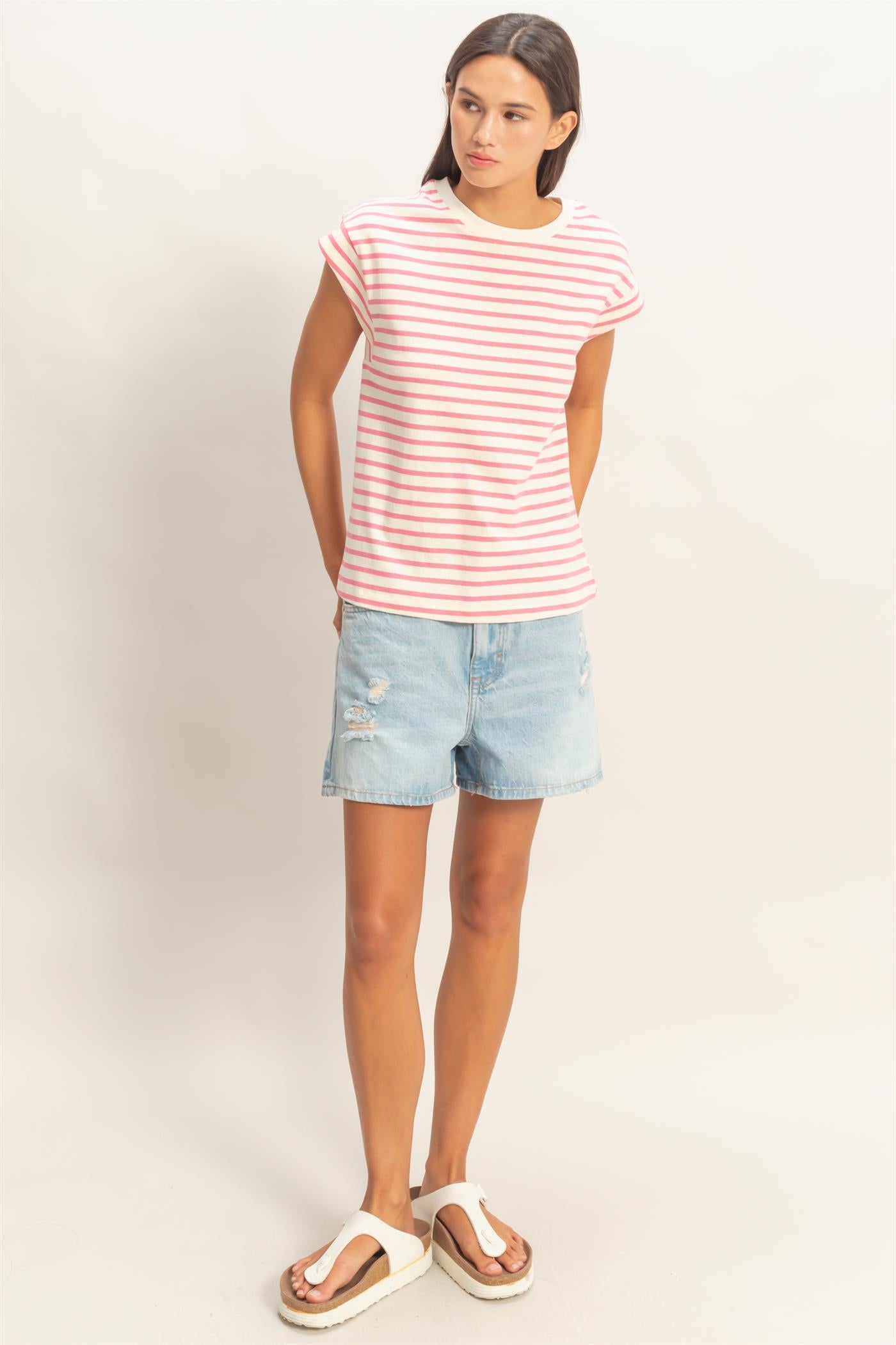 Wholesale Striped Cap Sleeve Relaxed Everyday Tee Clothing Tops DZ26C059 PINK DOUBLE ZERO