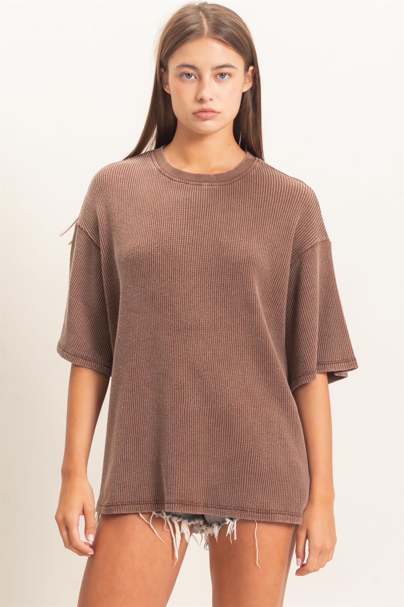 Wholesale Mineral Wash Waffle Crew Neck Short Sleeve Top Clothing Tops DZ26E328 DARK BROWN DOUBLE ZERO