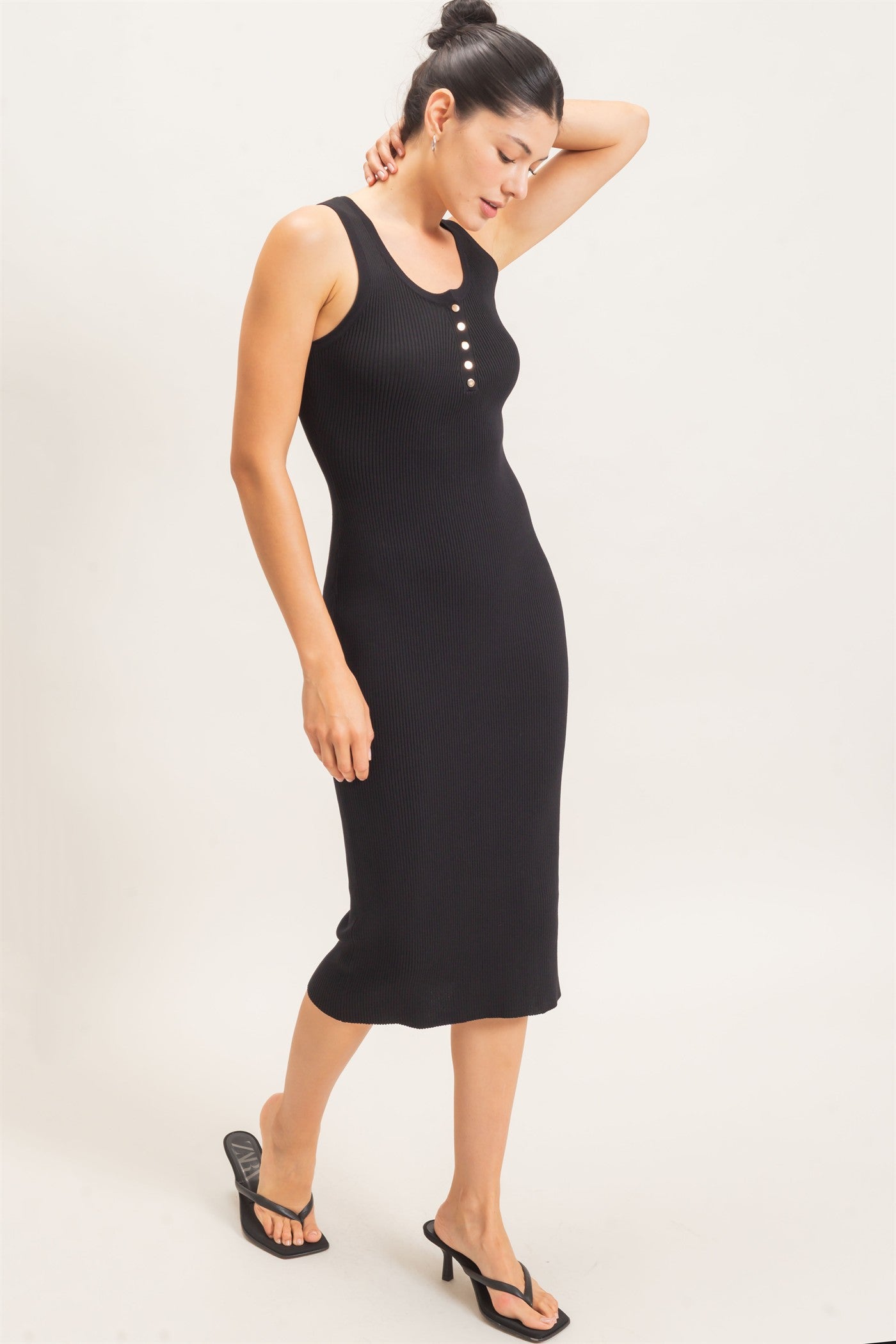 Wholesale Ribbed Button-Front Tank Dress Dresses HF26E218 BLACK HYFVE
