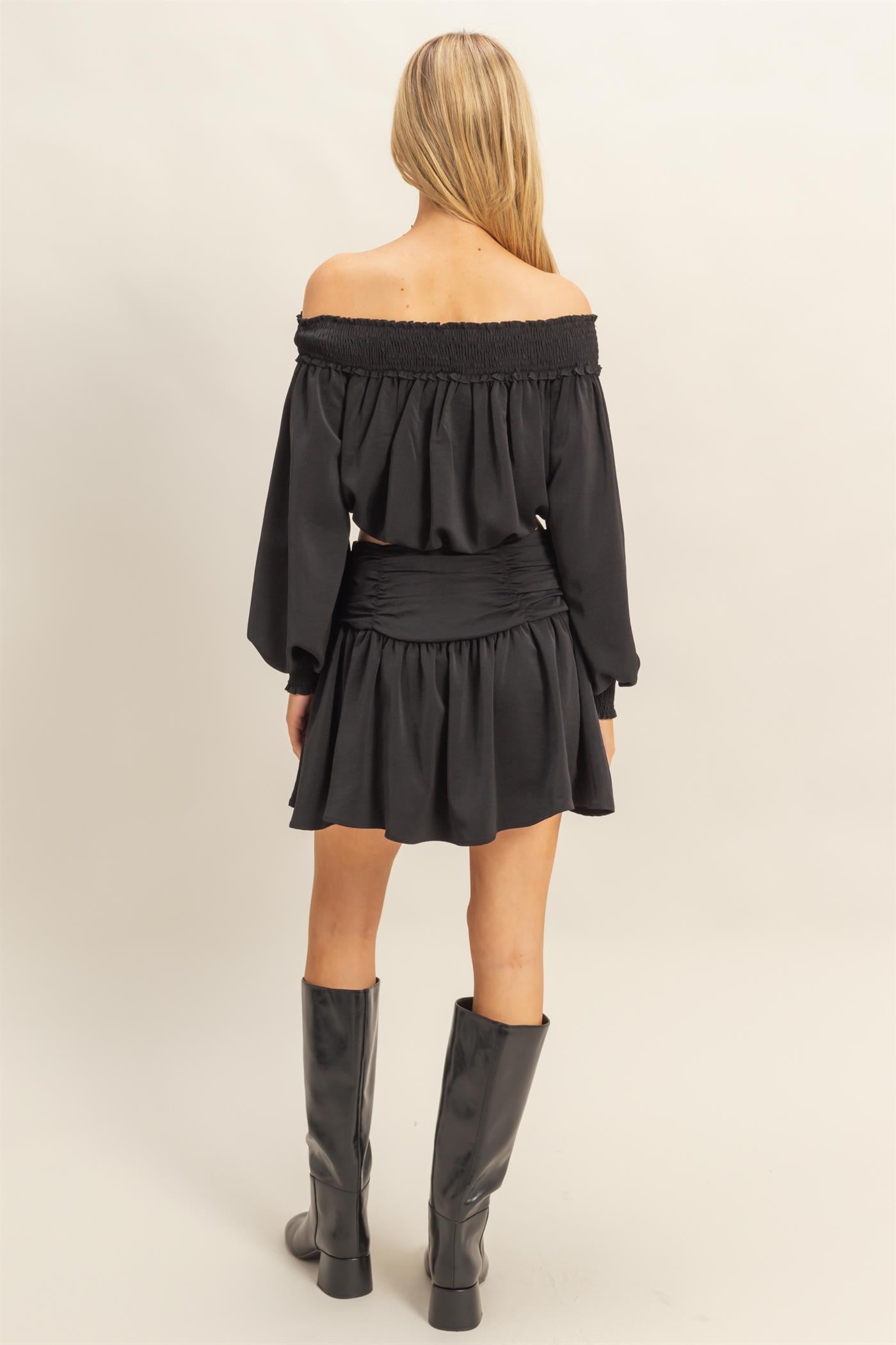 Wholesale Romantic Off Shoulder Top And Gathered Skirt Set Clothing HF25A243-SET BLACK HYFVE
