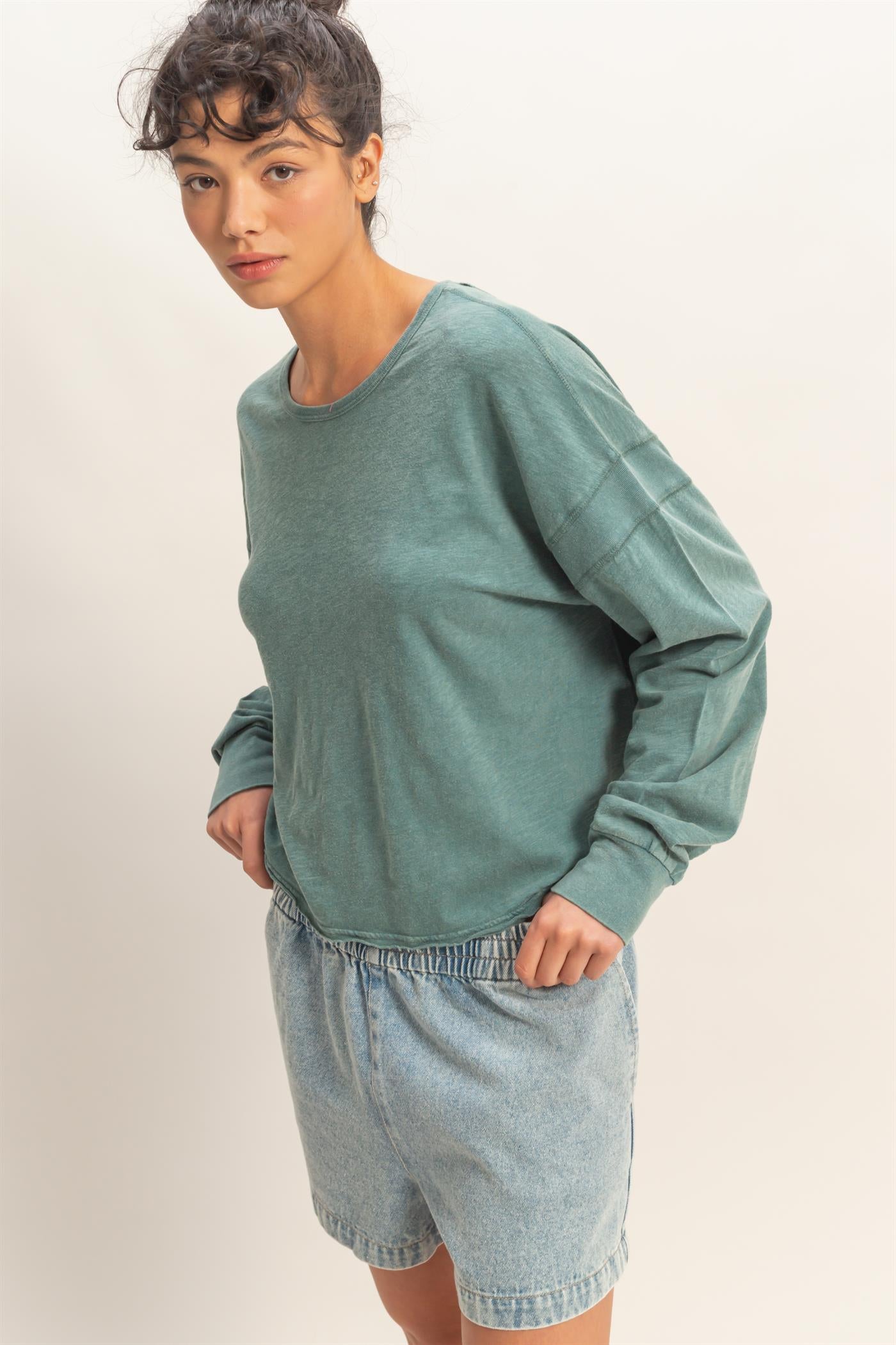 Wholesale Cross Detail Open Back Long-Sleeve Top Clothing Tops DZ26C731 DARK TEAL DOUBLE ZERO