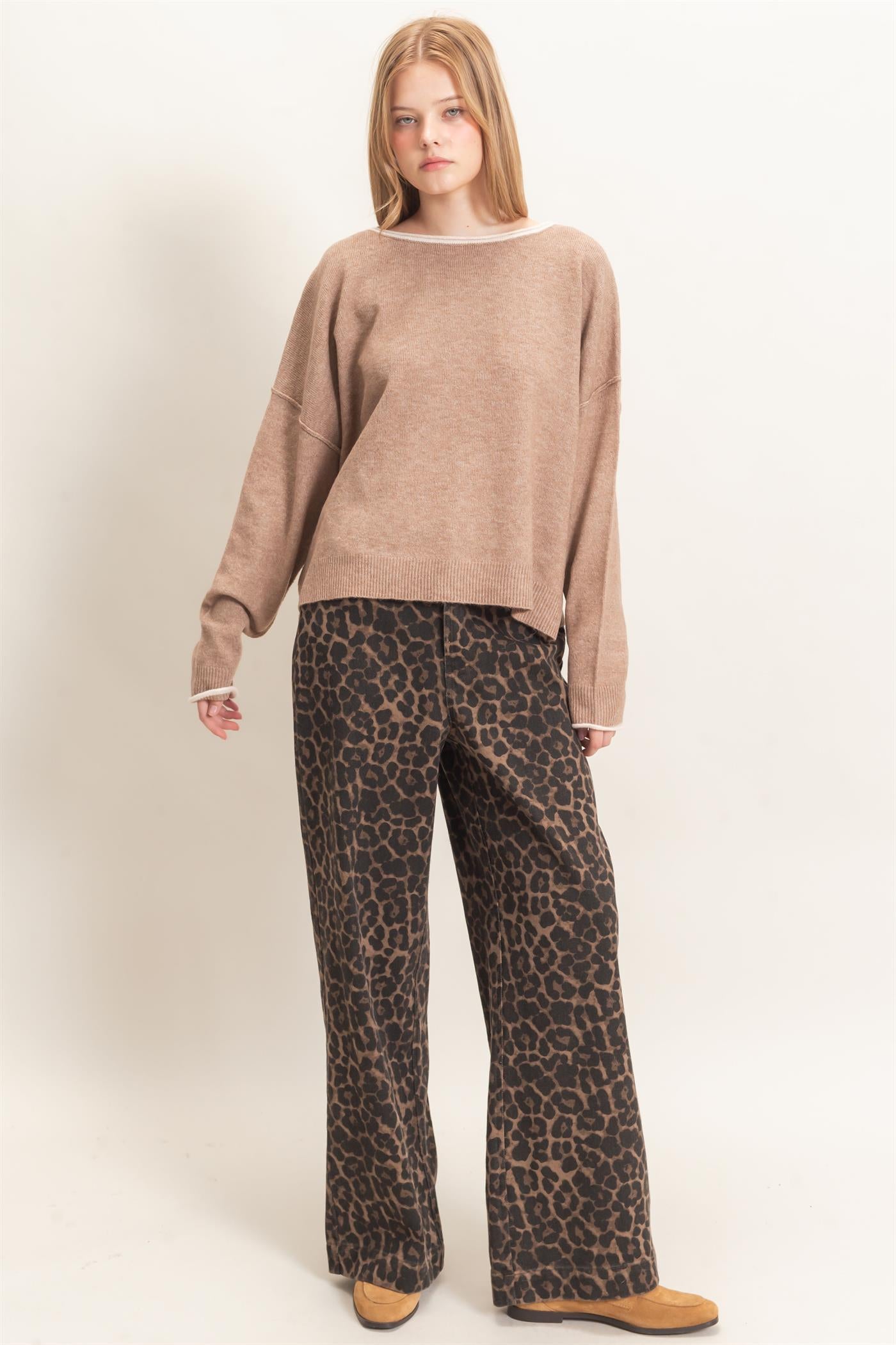 Wholesale Relaxed Wide Neck Knit Sweater Sweaters HF26E066-D LIGHT TAUPE HYFVE