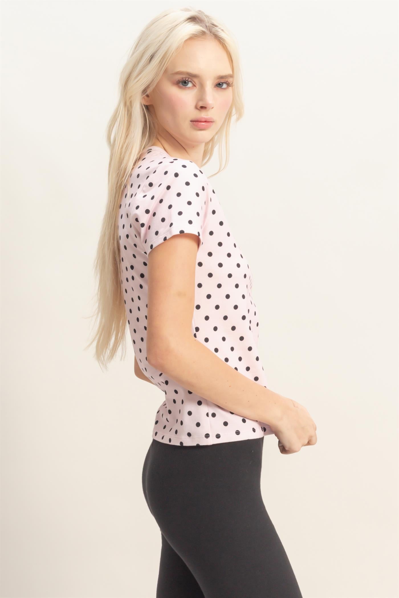 Wholesale Polka Dot Short Sleeve Crew Neck Top Clothing Tops DZ26C383 PINK DOUBLE ZERO