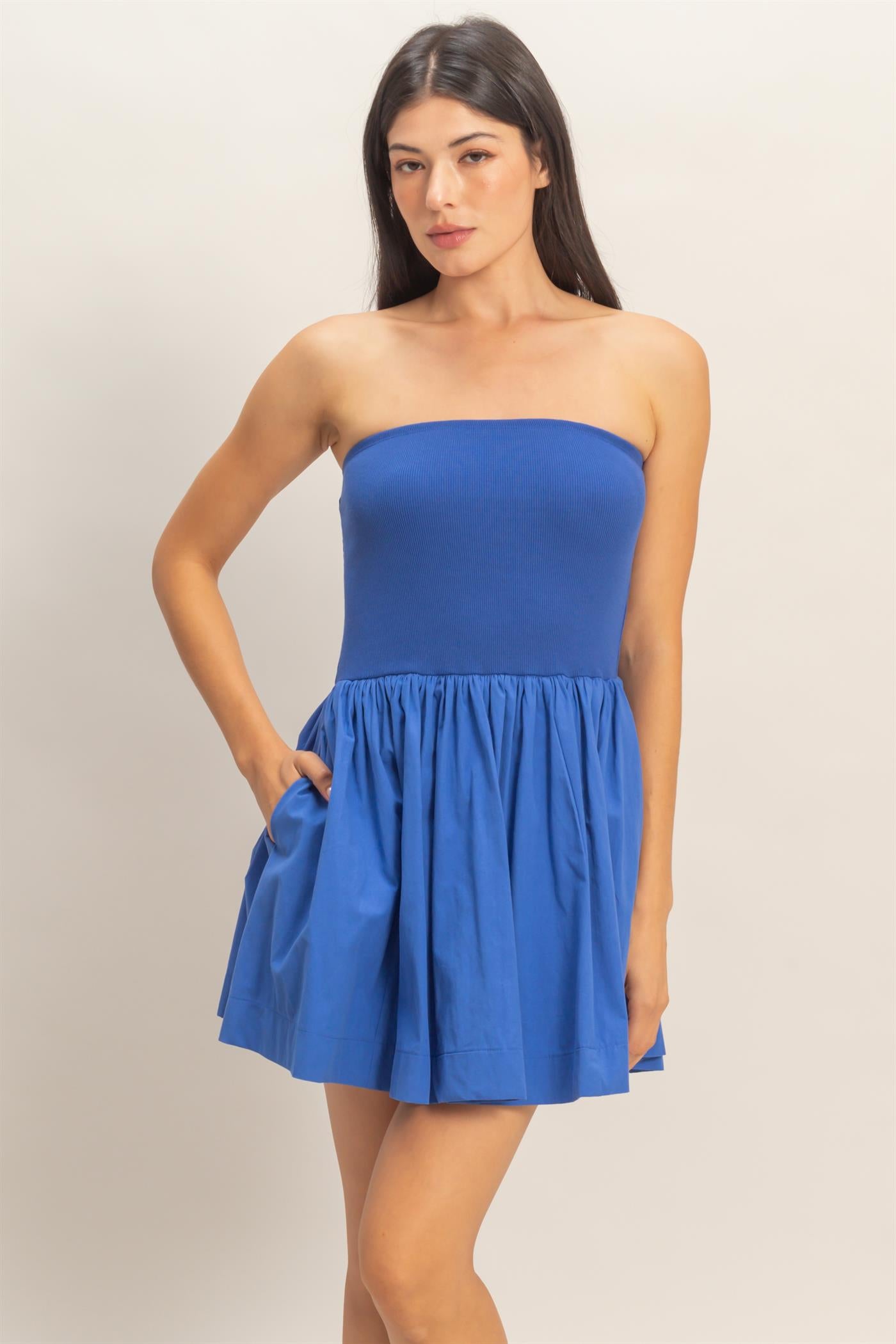 Wholesale Strapless Flowy Mini Dress Dresses DZ26C043 COBALT DOUBLE ZERO