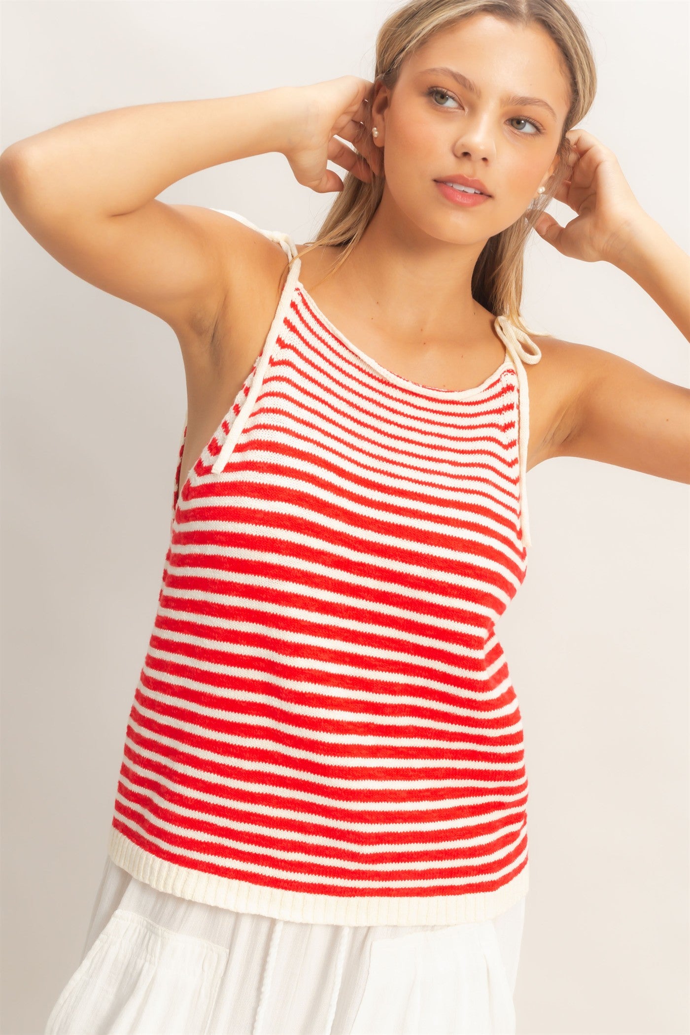 Wholesale Striped Knit Tie-Strap Tank Sweaters HF26A184 RED HYFVE