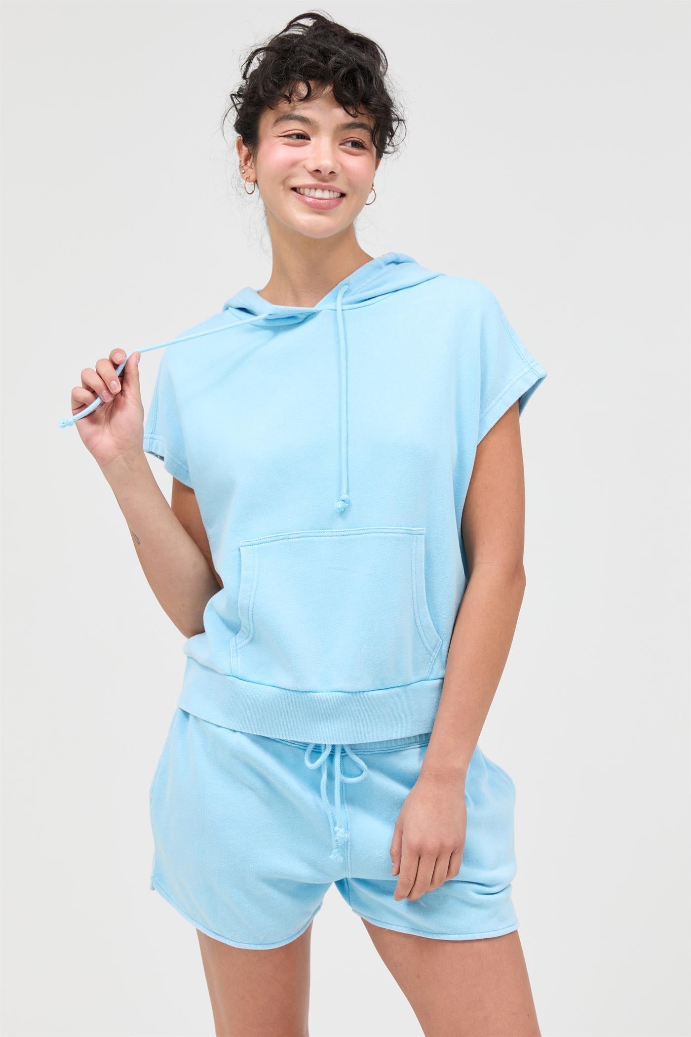 Wholesale Acid Washed Sleeveless Hooded Kangaroo Pocket Top Hoodies DZ26A411 BLUE DOUBLE ZERO