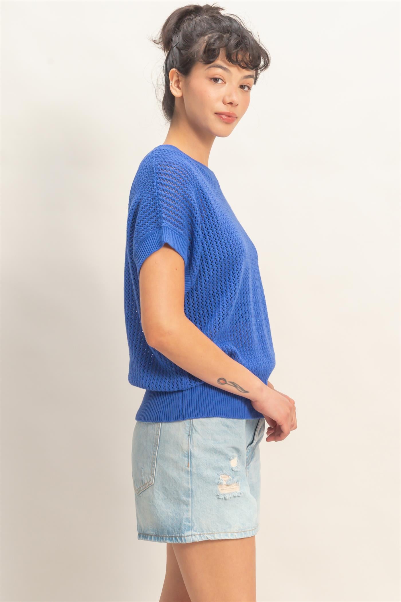 Wholesale Open-Knit Dolman Sleeve Top Clothing Tops DZ26A334 COBALT DOUBLE ZERO