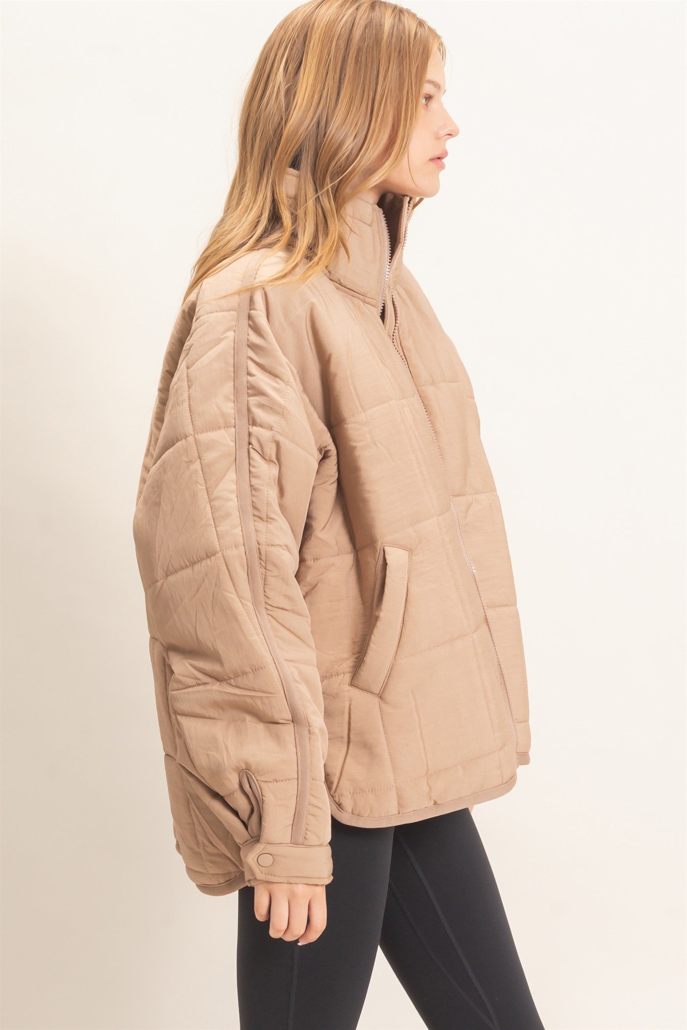 Wholesale Quilted Mock Neck Zip-Up Puffer Jacket Coats & Jackets HF26C865 LIGHT BROWN HYFVE