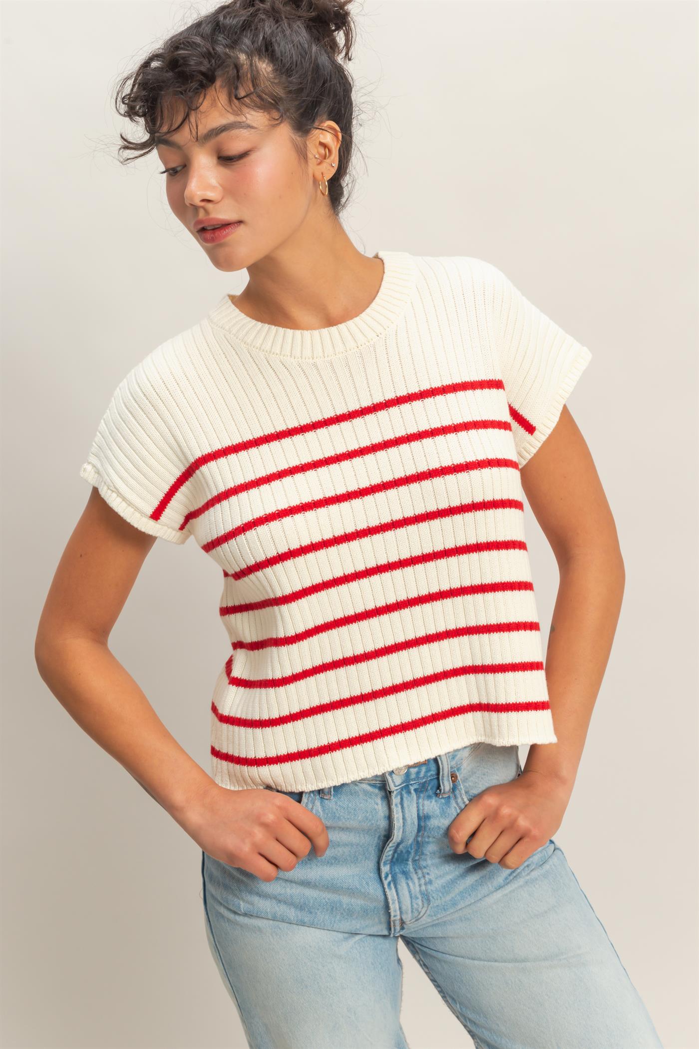Wholesale Sleeveless Ribbed Striped Knit Top Clothing Tops DZ26A209 RED DOUBLE ZERO