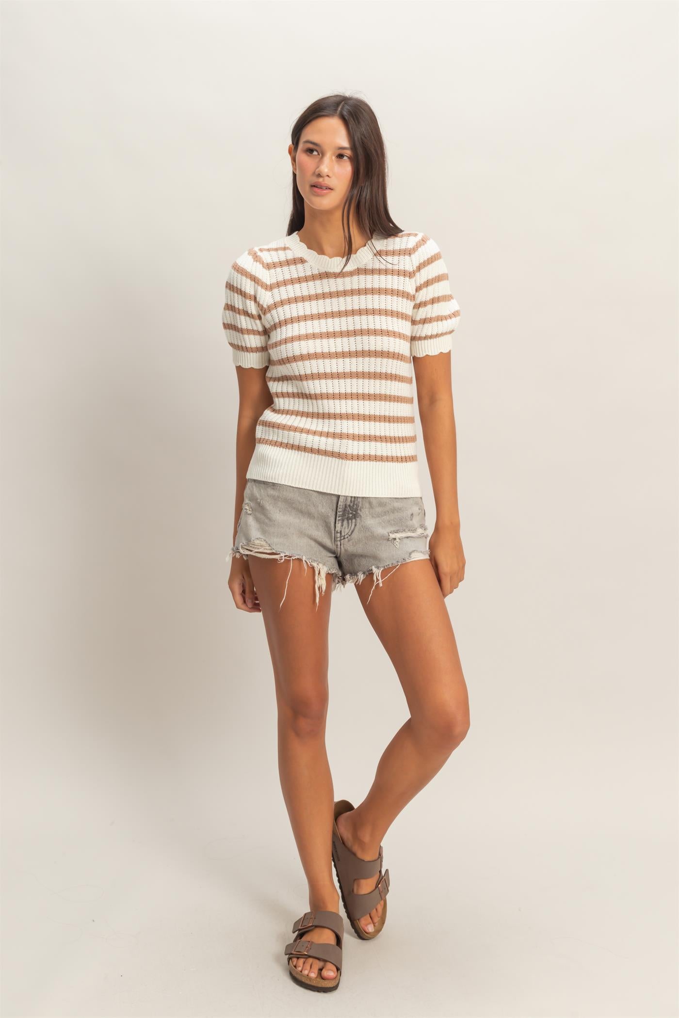 Wholesale Striped Scallop Edge Puff Sleeve Knit Top Shirts DZ26A284 TAUPE DOUBLE ZERO