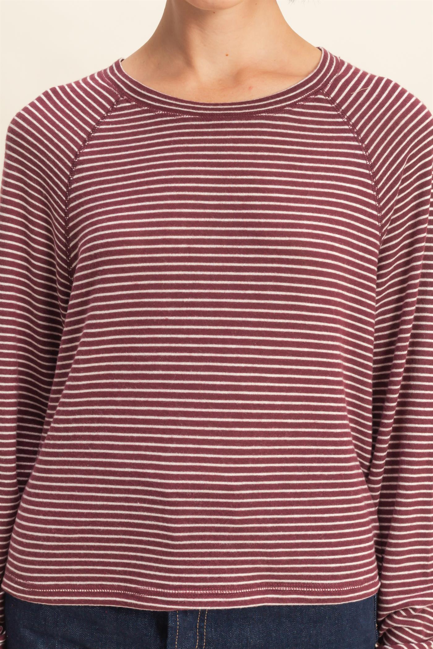 Wholesale Striped Raglan Long Sleeve Top Clothing Tops DZ25E600 DARK CHERRY/CREAM DOUBLE ZERO