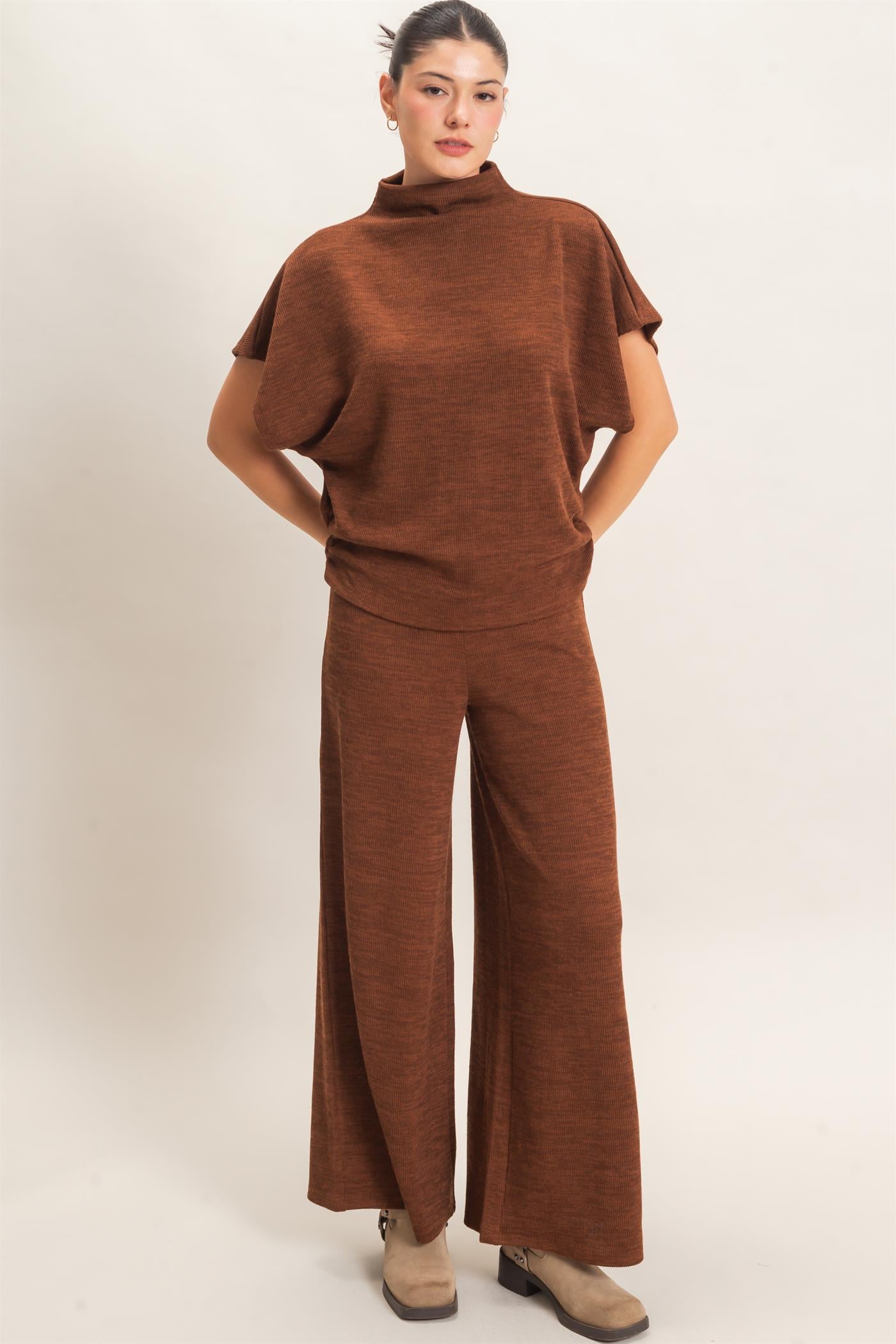 Wholesale Dolman Sleeve Top And Pant Set Clothing HF26F225-SET-D BROWN HYFVE