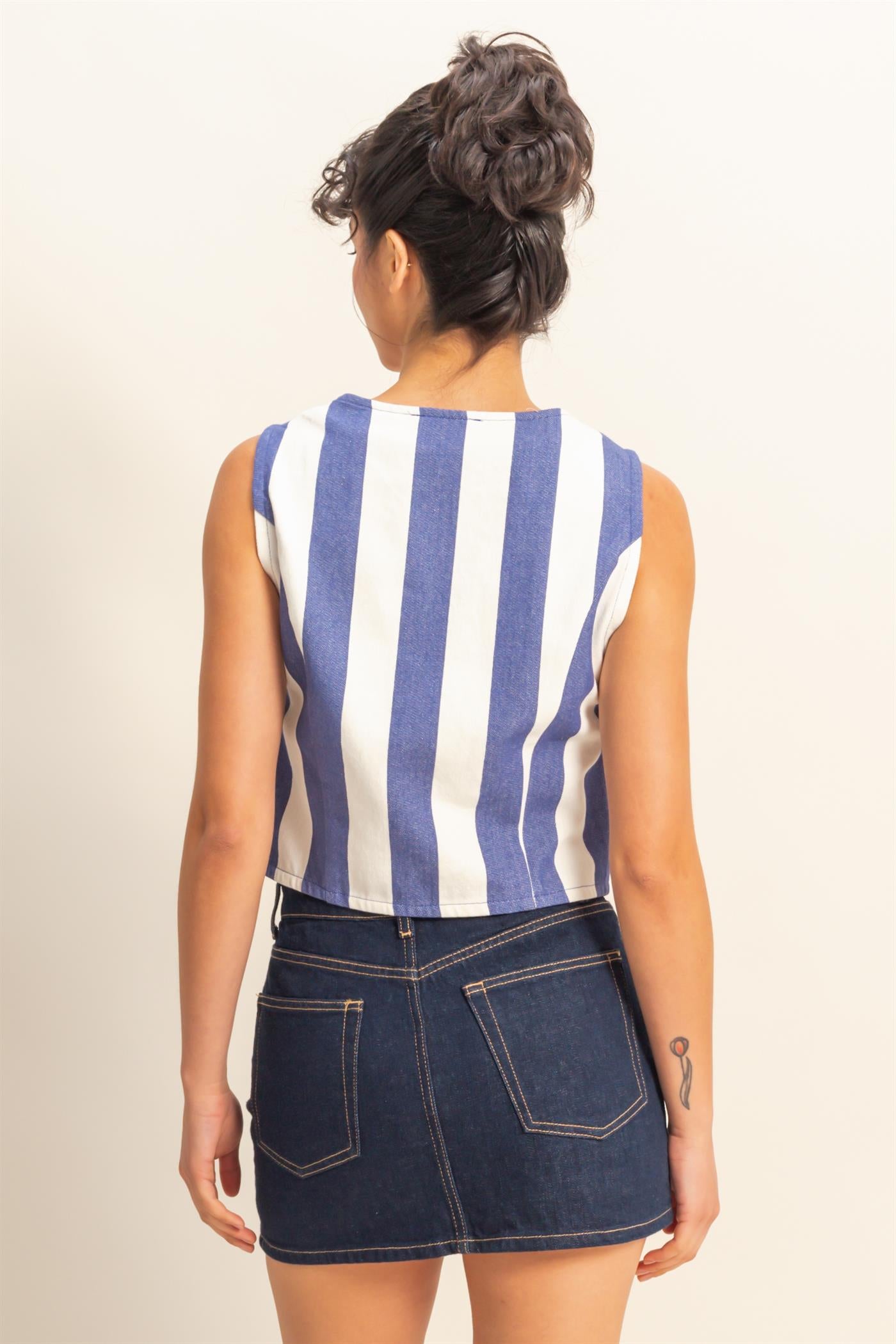 Wholesale Woven Striped V-Neck Sleeveless Vest Vests DZ25A806 INDIGO/CREAM DOUBLE ZERO