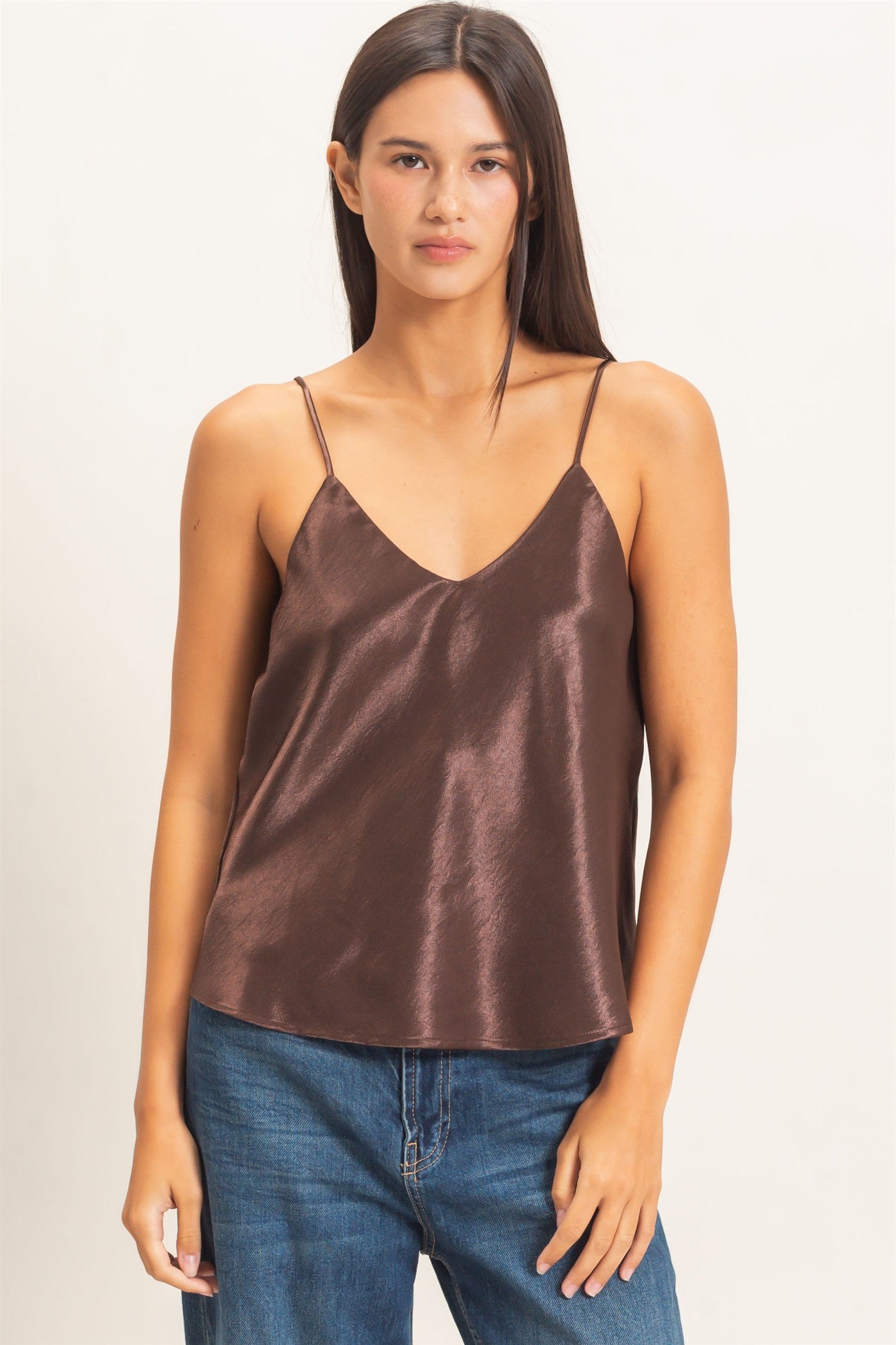 Wholesale V-Neck Satin Cami Top Camisoles DZ26C976 DARK BROWN DOUBLE ZERO
