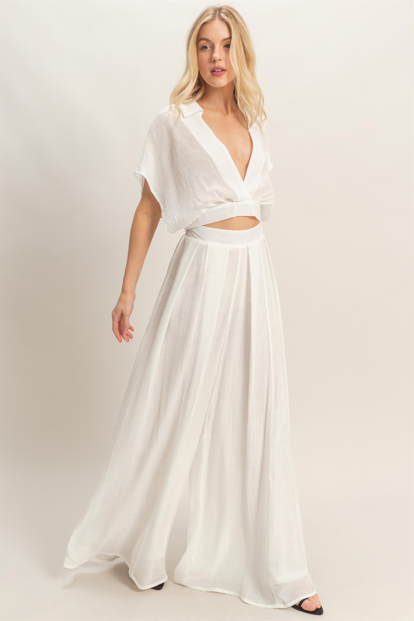 Wholesale Collared Wrap Top & Wide-Leg Pants Set Clothing HF26C286-SET-D WHITE HYFVE