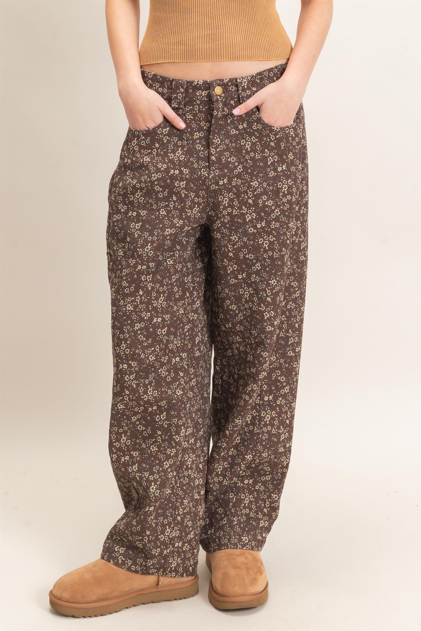 Wholesale Floral Print Garment Wash Barrel Pants Pants HF26C840 CHESTNUT HYFVE